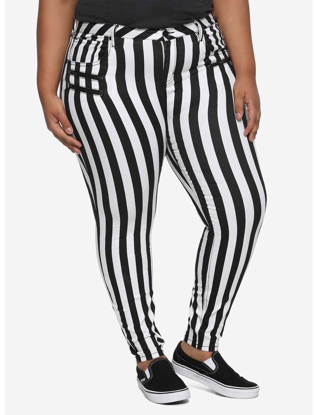 HT Denim Black & White Stripe Hi-Rise Super Skinny Jeans Plus Size, BLACK-WHITE STRIPE, hi-res