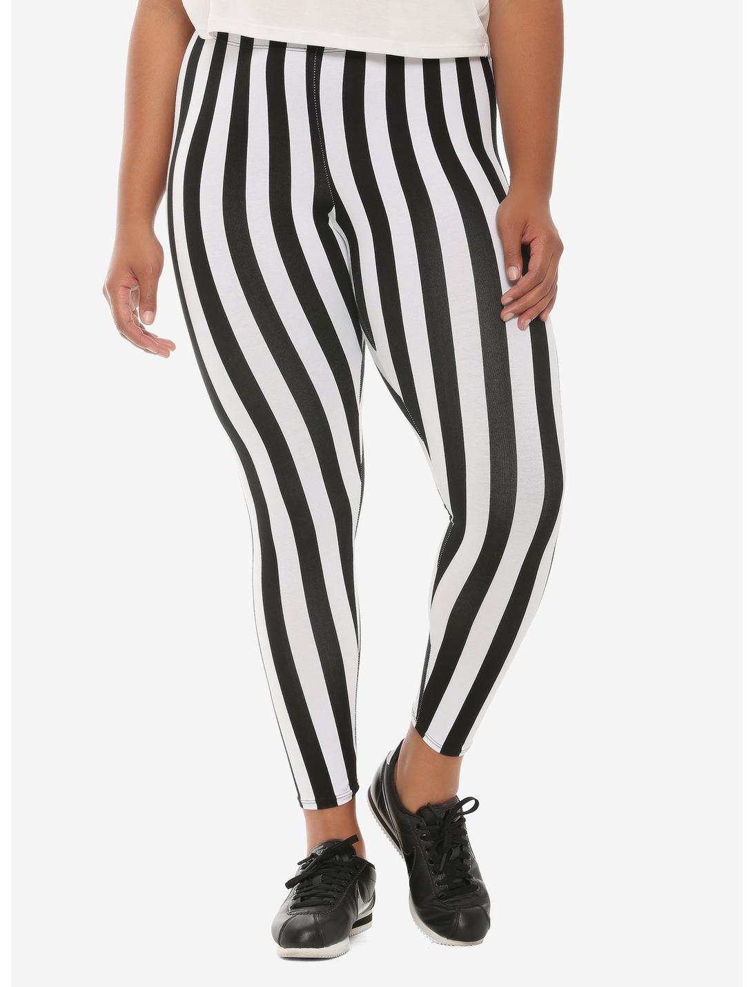 Black & White Vertical Striped Leggings Plus Size, BLACK  WHITE, hi-res