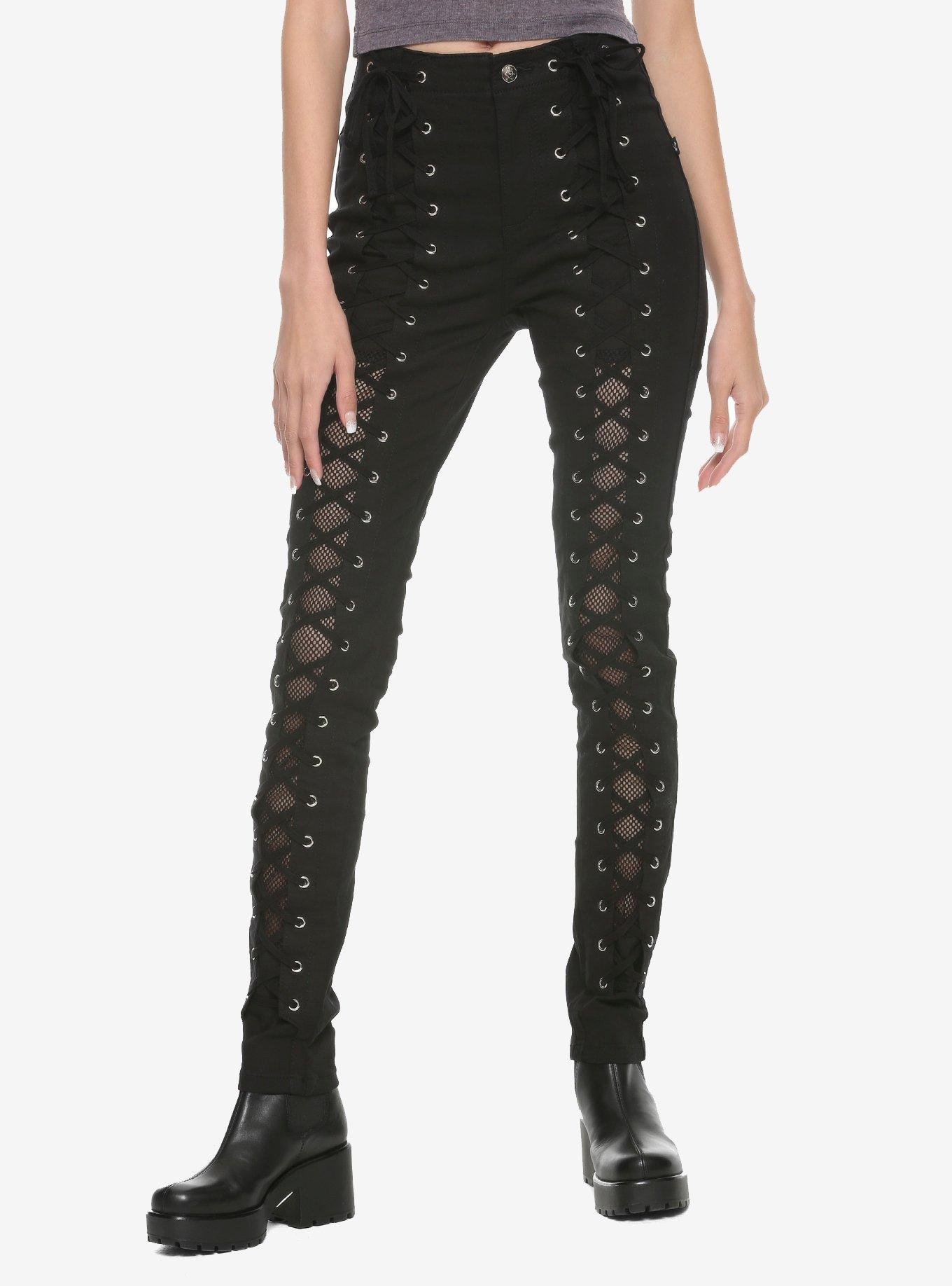 Royal Bones By Tripp Lace-Up & Fishnet Front Skinny Jeans, BLACK, hi-res