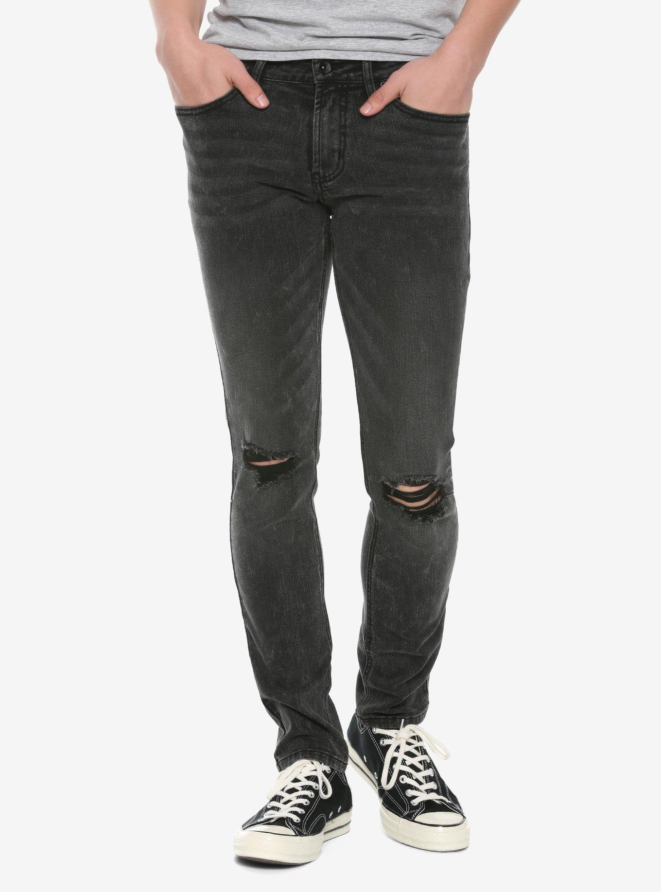 HT Denim Black Acid Wash Destructed Skinny Jeans, BLACK, hi-res