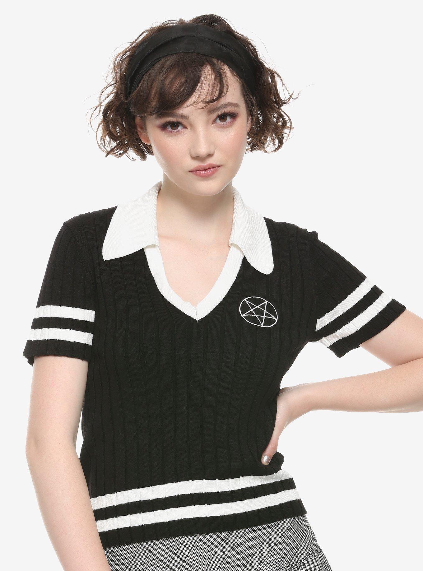 Black & White Pentagram Girls Knit Top, BLACK, hi-res