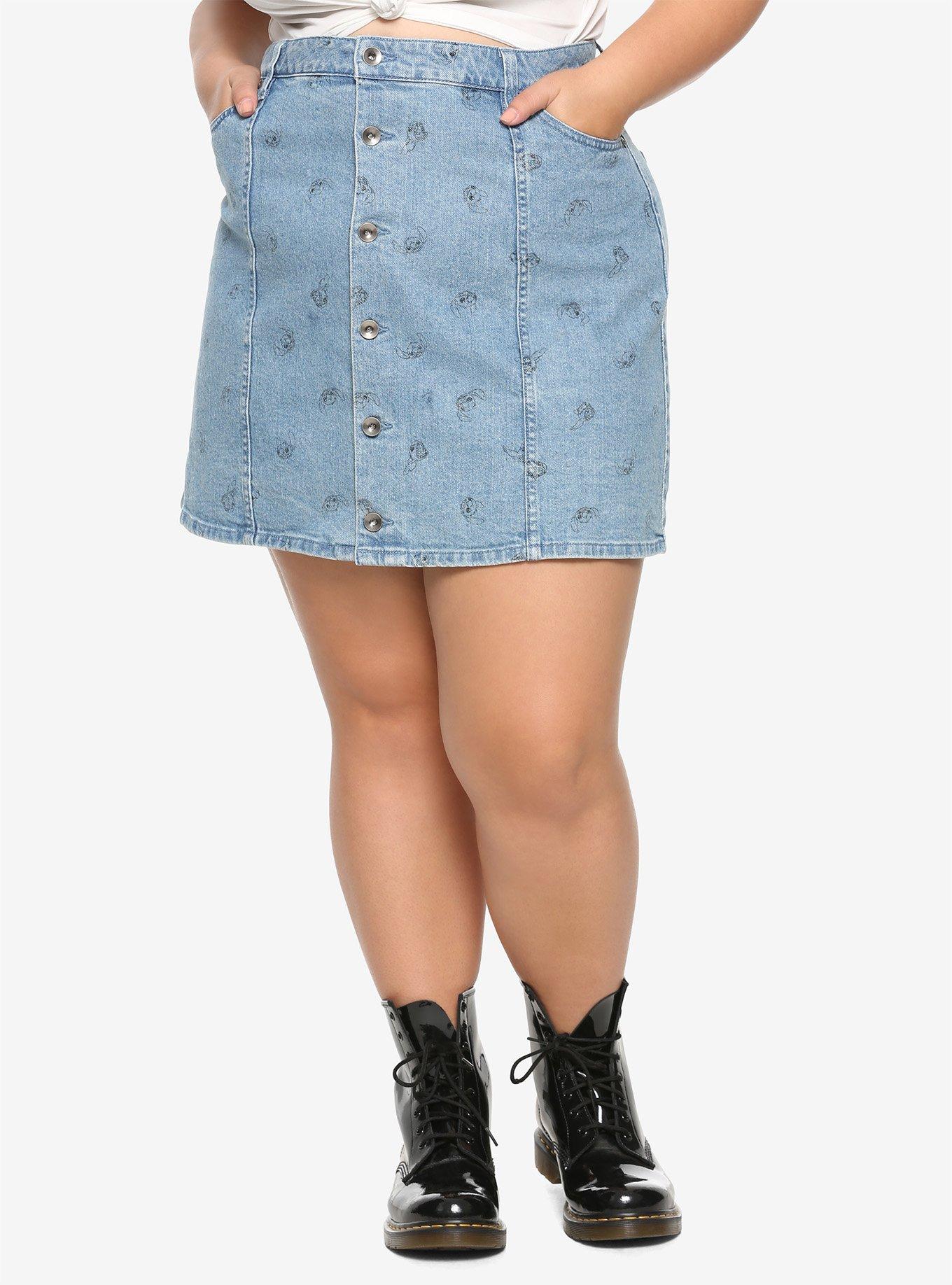 Disney Lilo & Stitch Print Denim Skirt Plus Size, INDIGO, hi-res