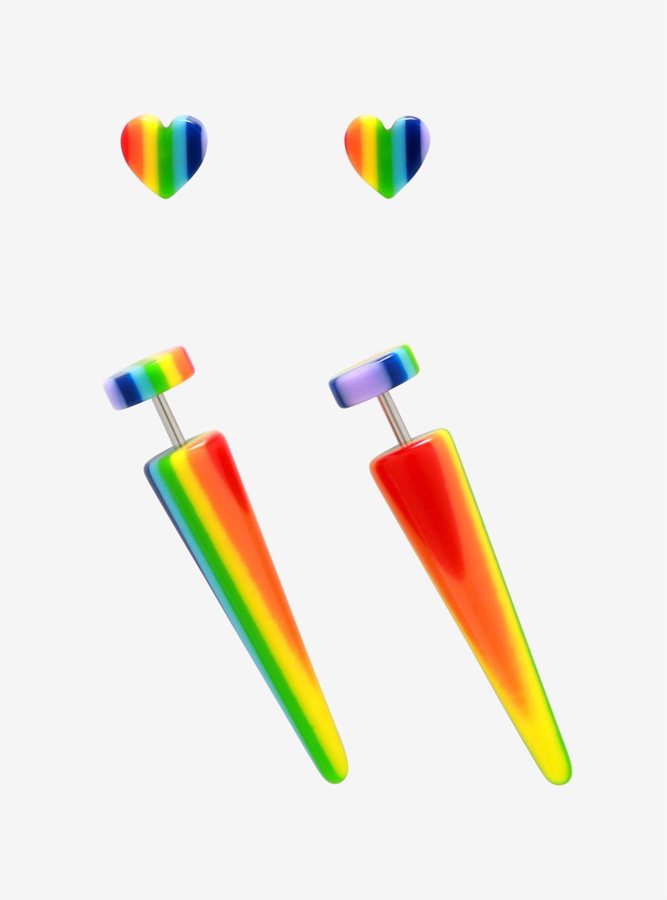 Rainbow Heart Faux Taper Plug & Stud 4 Pack, , hi-res