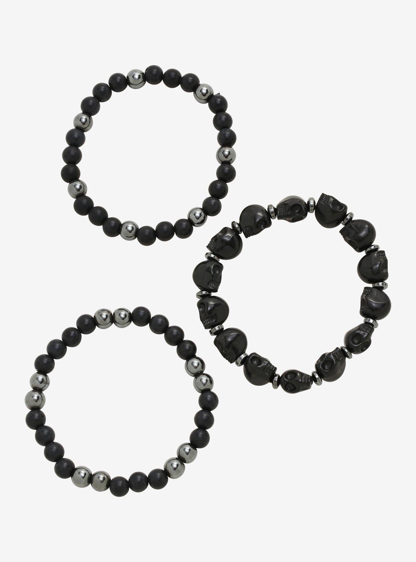 Black Skull Bead Bracelet Set, , hi-res