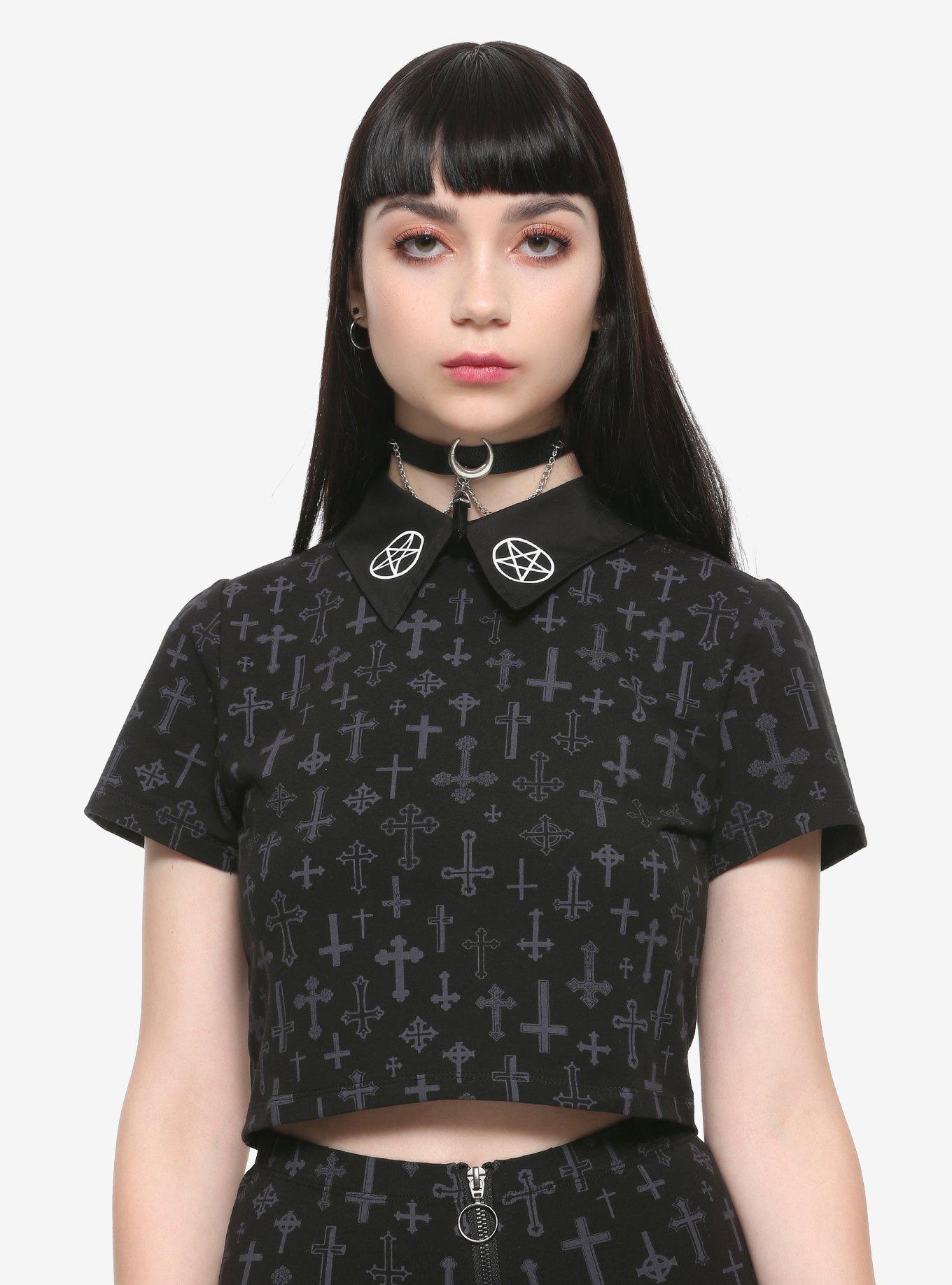 The Craft Cross Pentagram Collared Girls Crop Top, GREY, hi-res