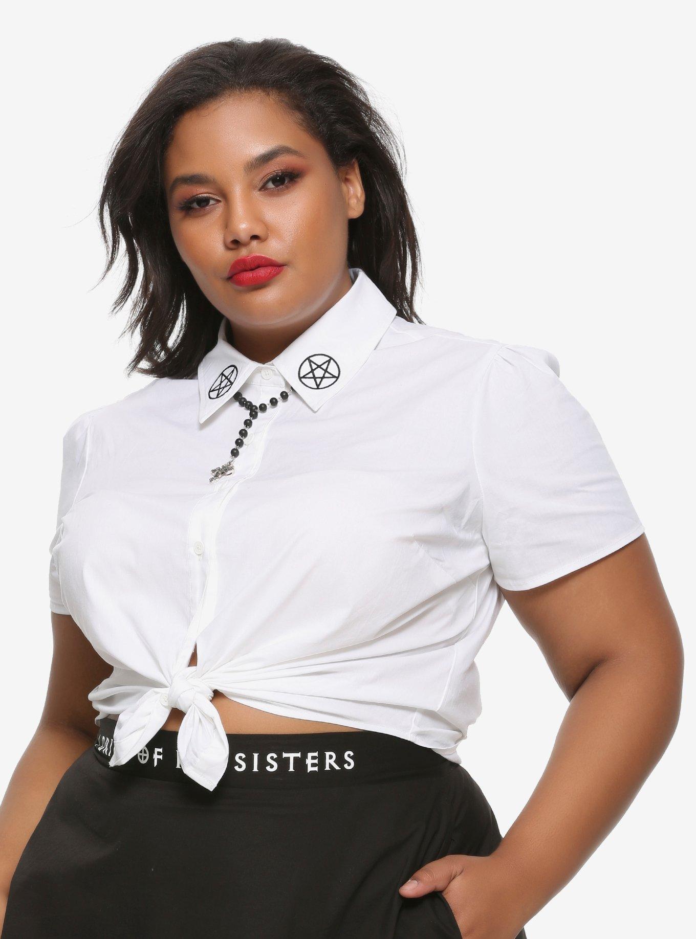 The Craft Pentagram Tie-Front Girls Woven Button-Up Plus Size, BLACK, hi-res