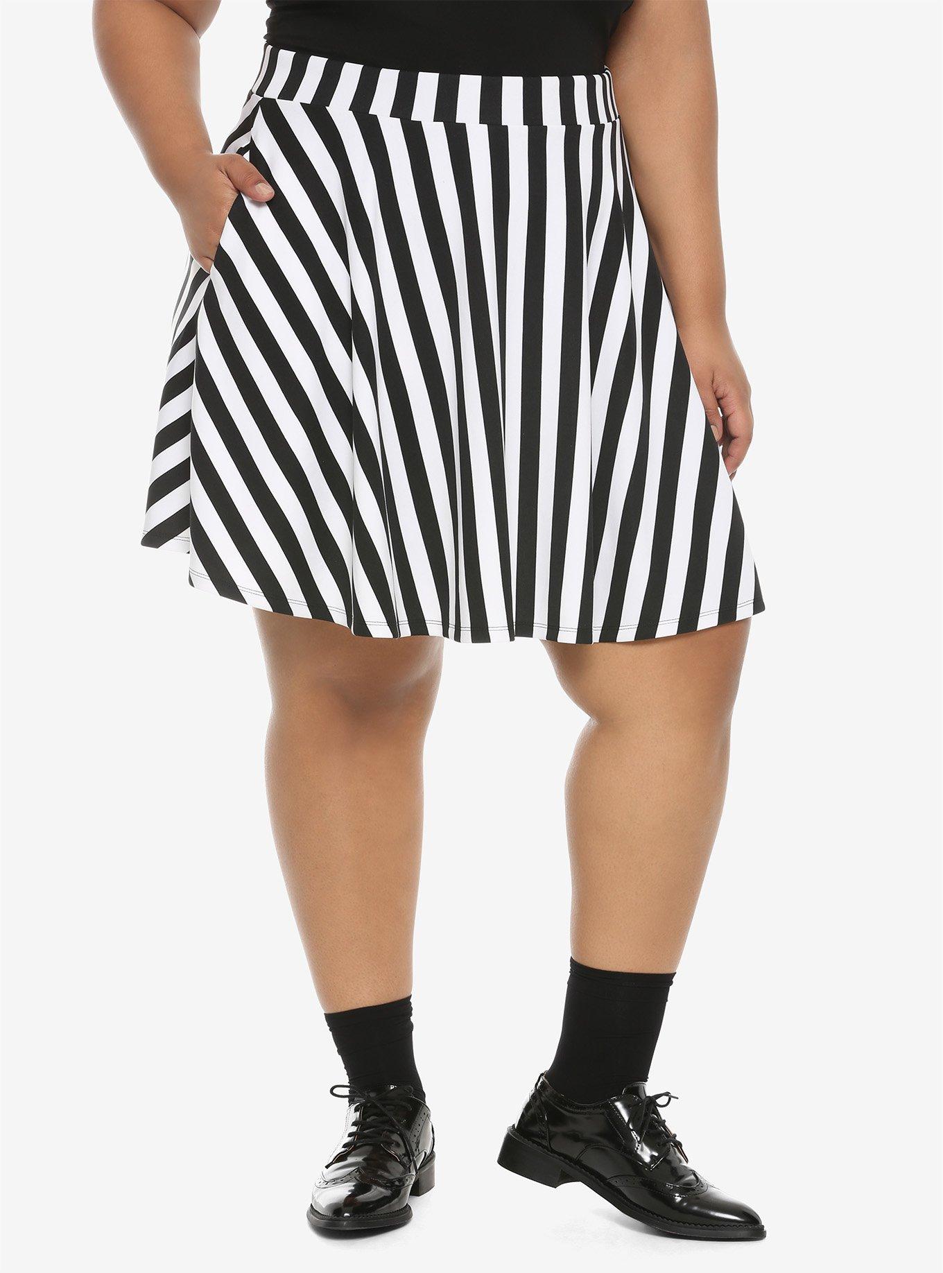 Black & White Striped Skater Skirt Plus Size, BLACK  WHITE, hi-res