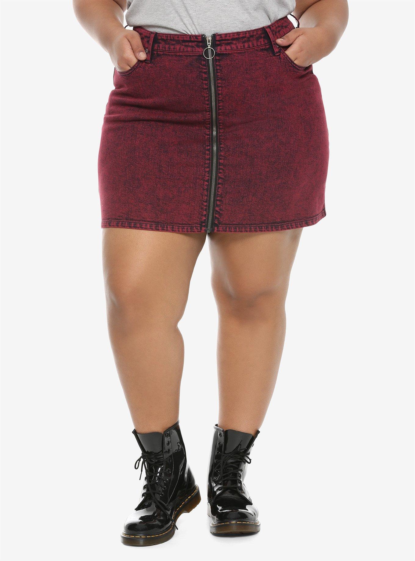 Red Acid Wash Denim Skirt Plus Size, RED, hi-res