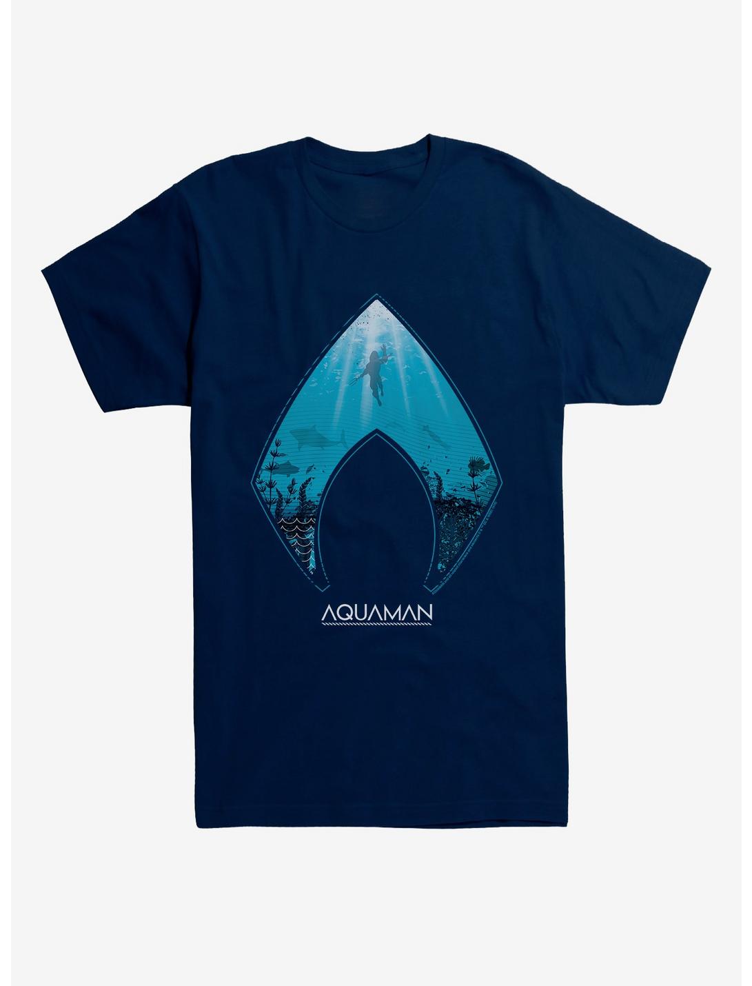 DC Comics Aquaman Icon Sea Background T-Shirt, MIDNIGHT NAVY, hi-res