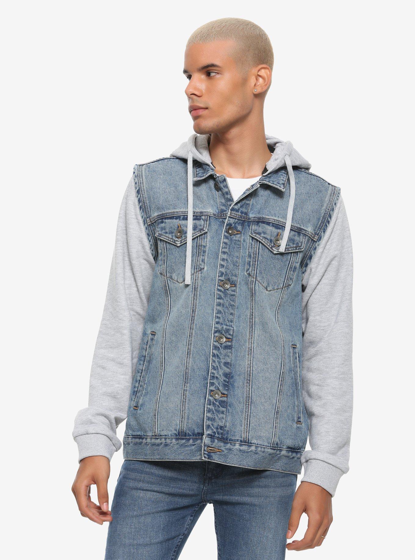 Grey Removable Hood & Sleeves Blue Denim Jacket, GREY, hi-res