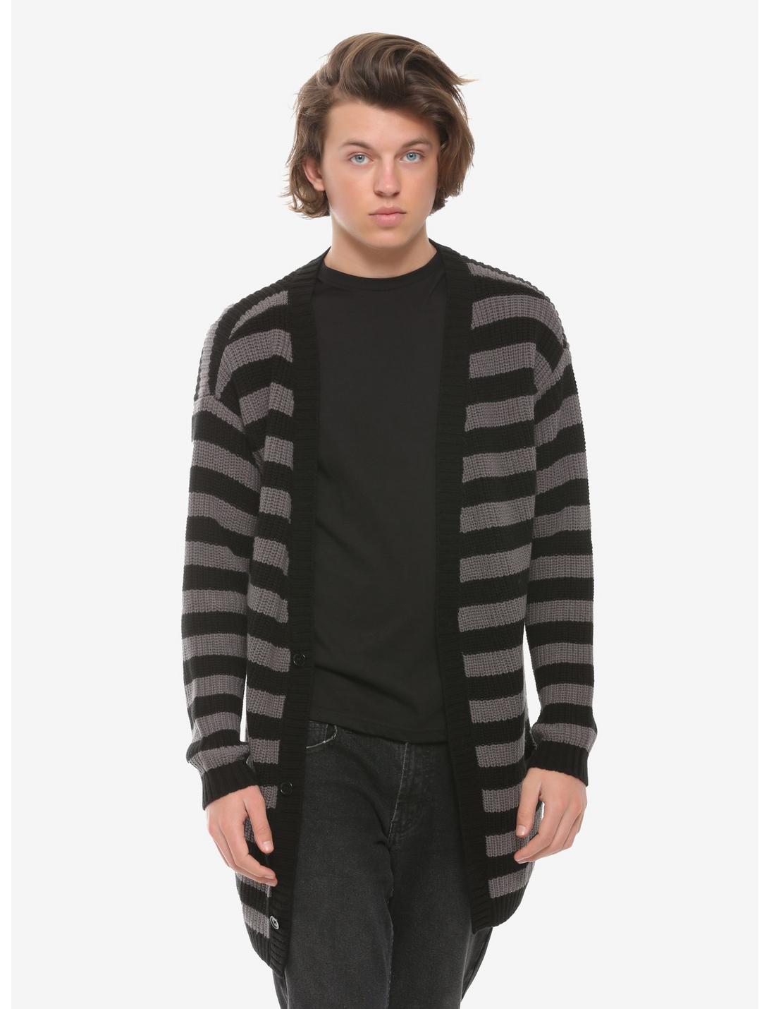 Black & Grey Striped Cardigan, GREY, hi-res