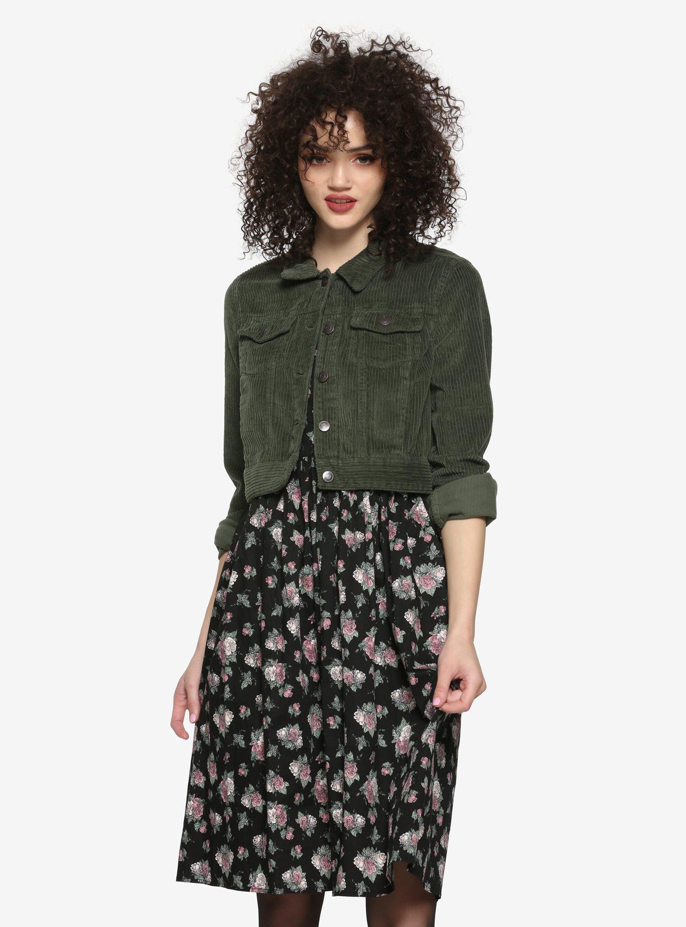 Forest Green Crop Girls Corduroy Jacket, ARMY GREEN, hi-res