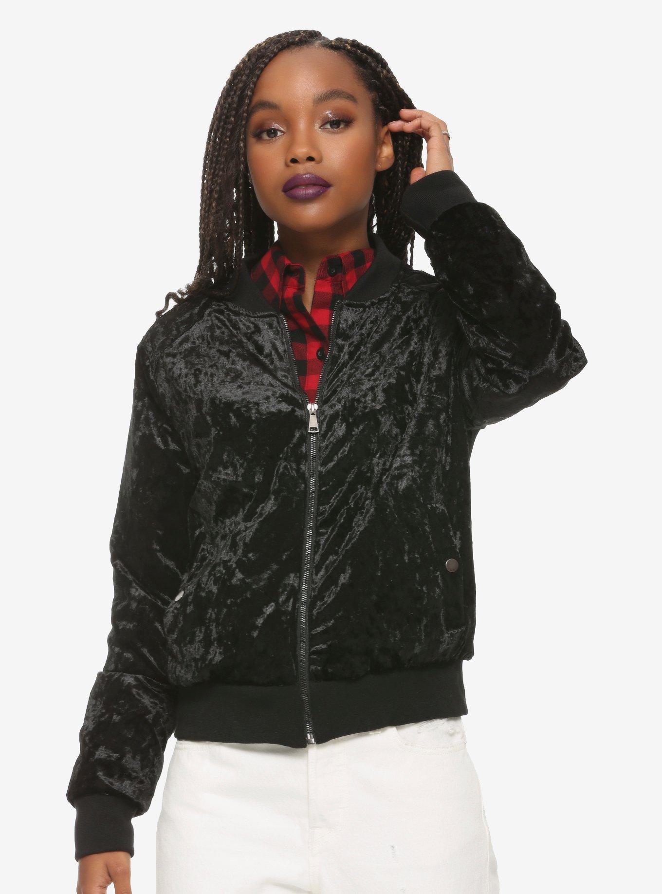 Black Crushed Velvet Girls Bomber Jacket, BLACK, hi-res