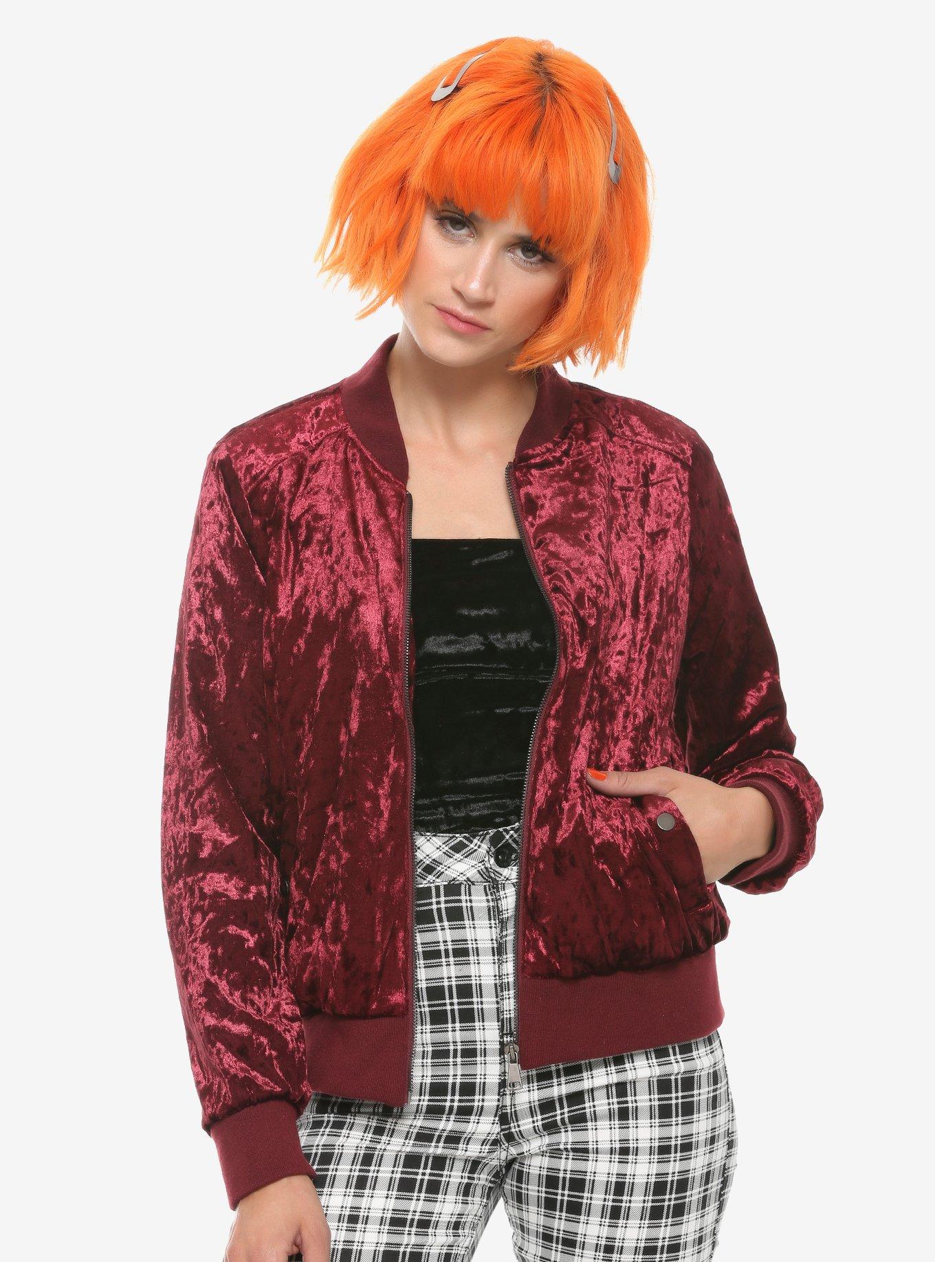 Burgundy Girls Crushed Velvet Bomber Jacket, BURGUNDY, hi-res