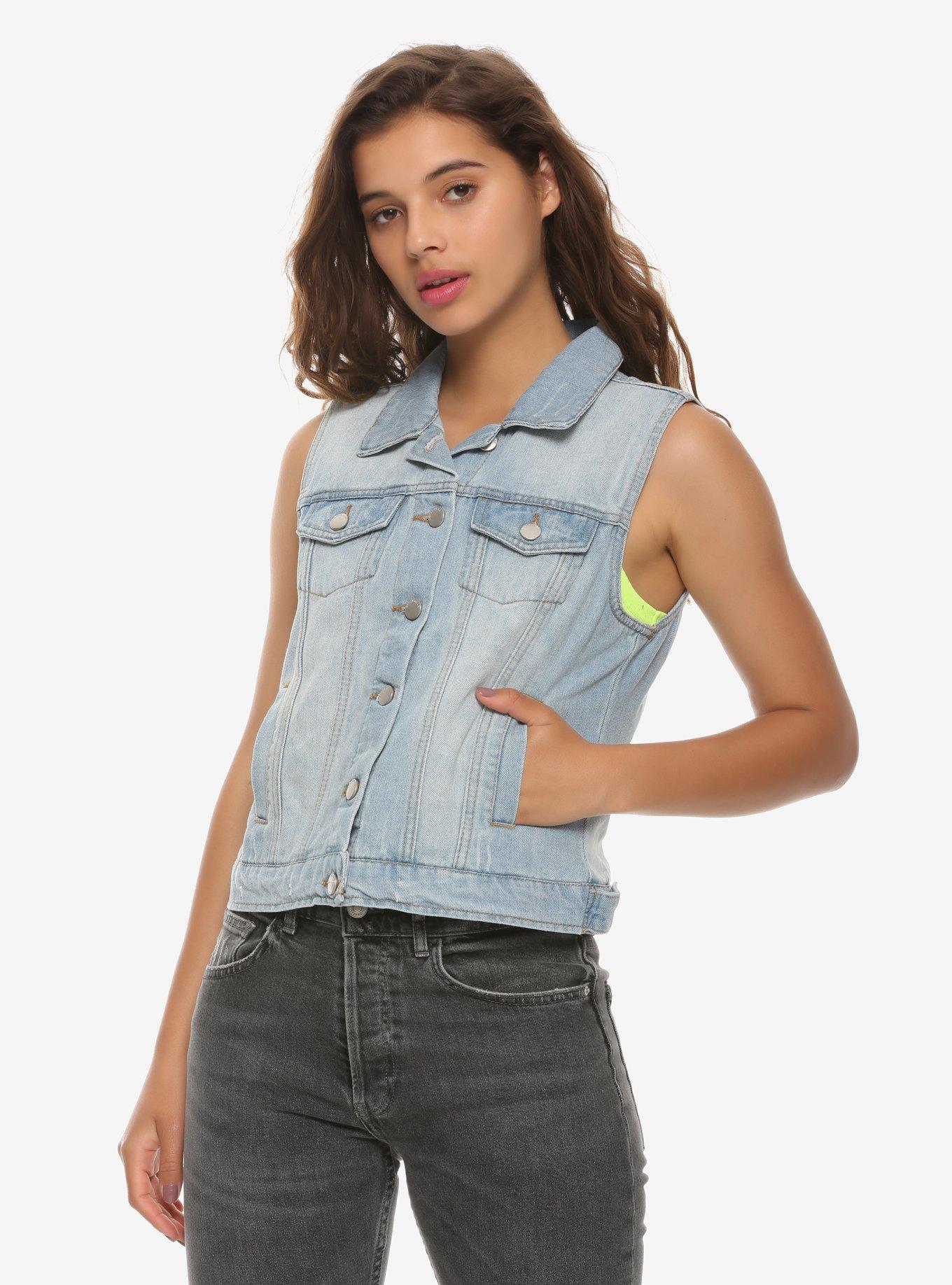 Light Wash Denim Vest With Pockets, LIGHT WASH, hi-res