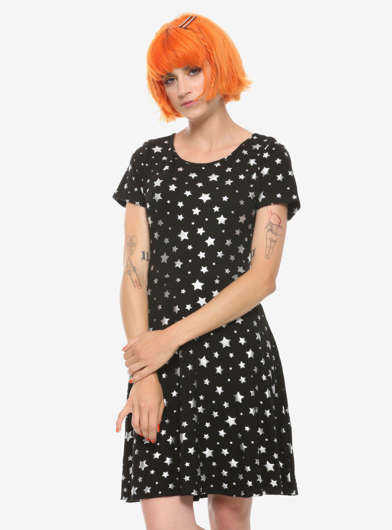 Silver Foil Stars Skater Dress, BLACK, hi-res