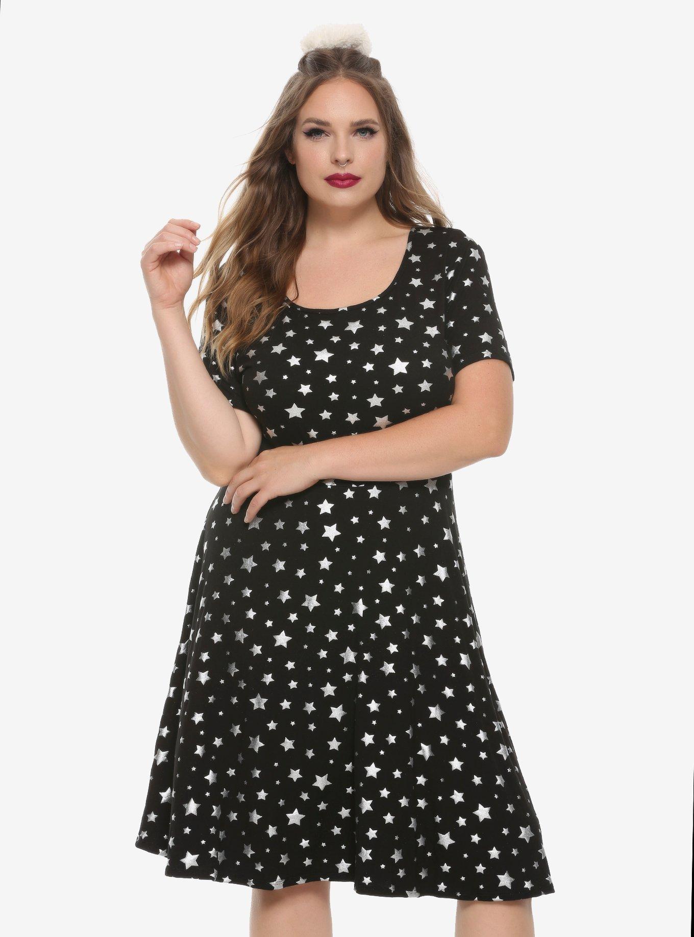 Silver Foil Stars Skater Dress Plus Size, BLACK, hi-res