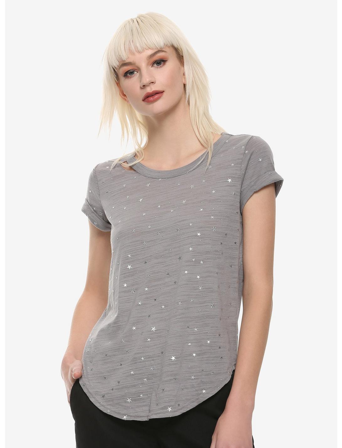Grey Star Print Distressed Girls T-Shirt, GREY, hi-res