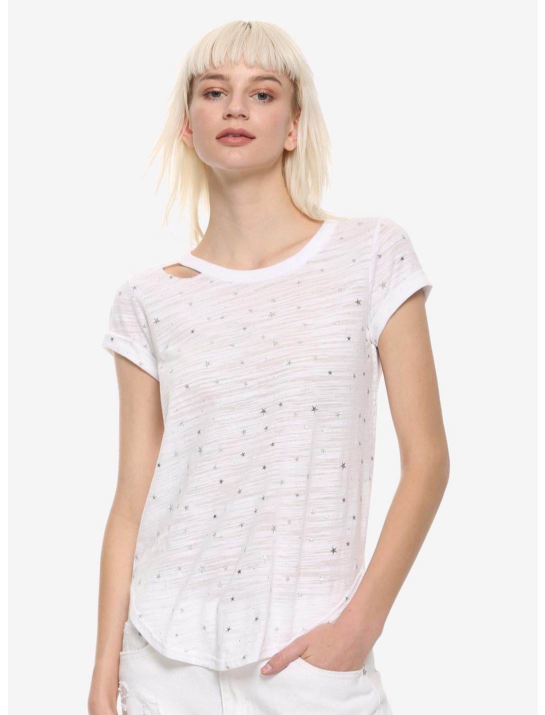 White Star Print Distressed Girls T-Shirt, GREY, hi-res
