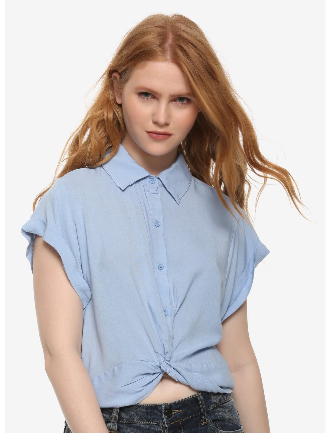 Chambray Twist Front Girls Button-Up Woven Top, CHAMBRAY, hi-res