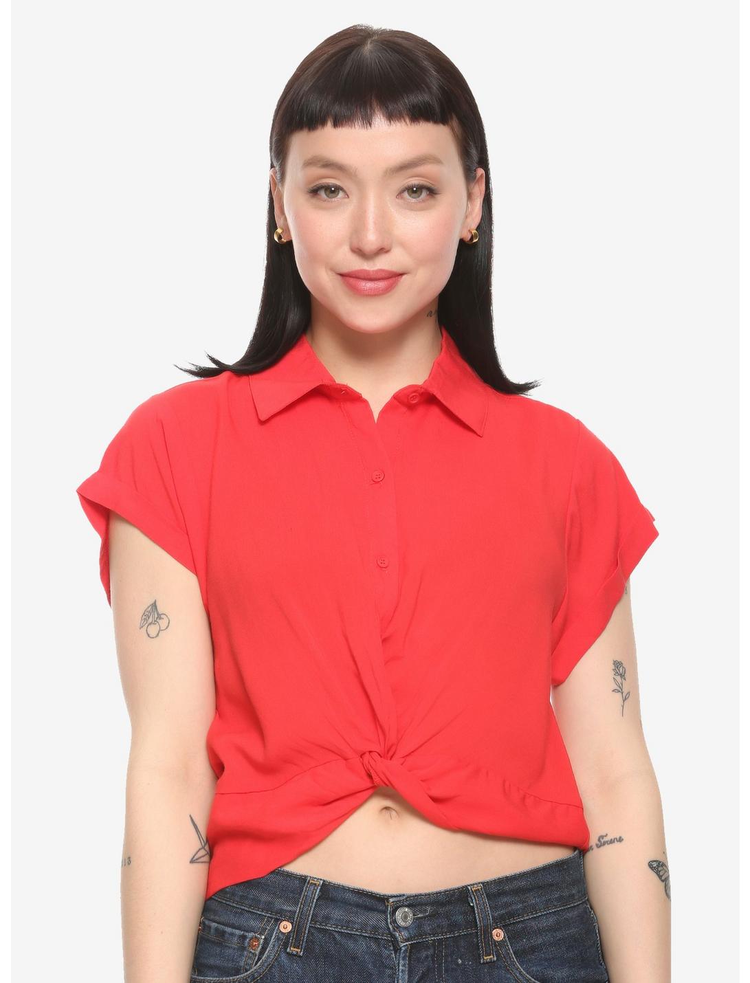 Red Twist Front Girls Woven Button-Up, RED, hi-res