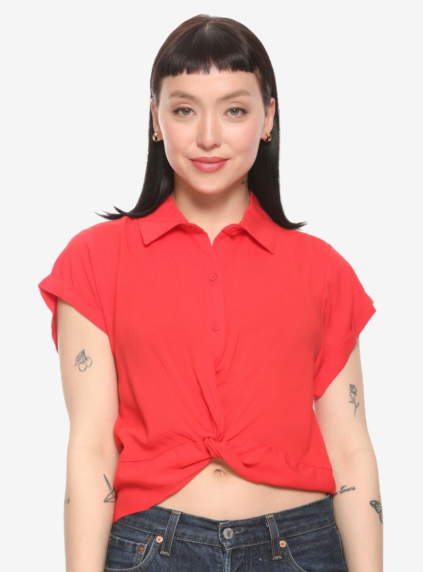 Red Twist Front Girls Woven Button-Up, RED, hi-res