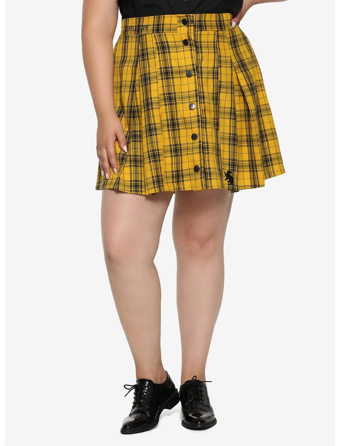 Plus Size Harry Potter Hufflepuff Pleated Plaid Skirt Plus Size, PLAID - YELLOW, hi-res
