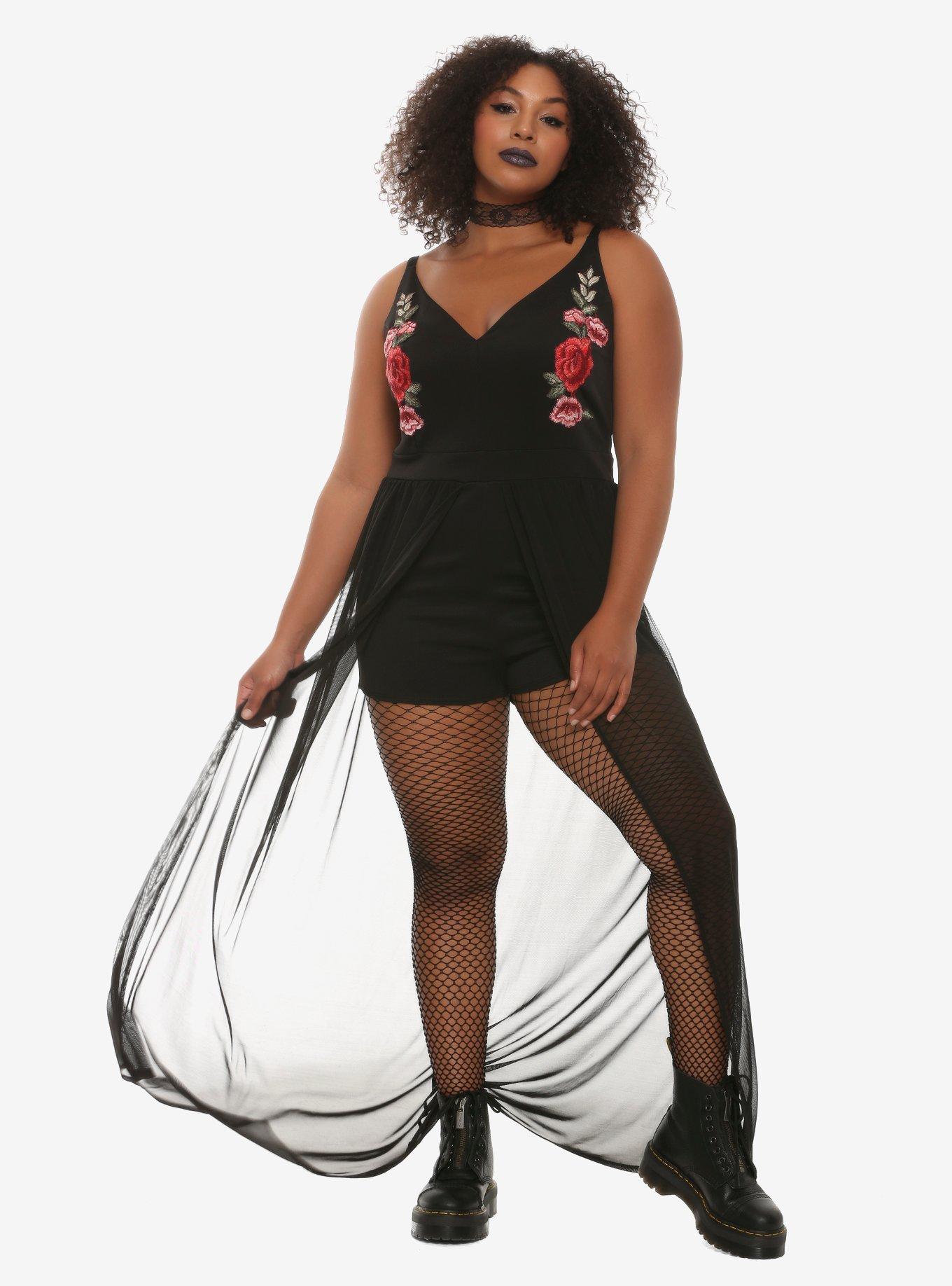 Embroidered Roses Chiffon Duster Romper Plus Size, BLACK, hi-res