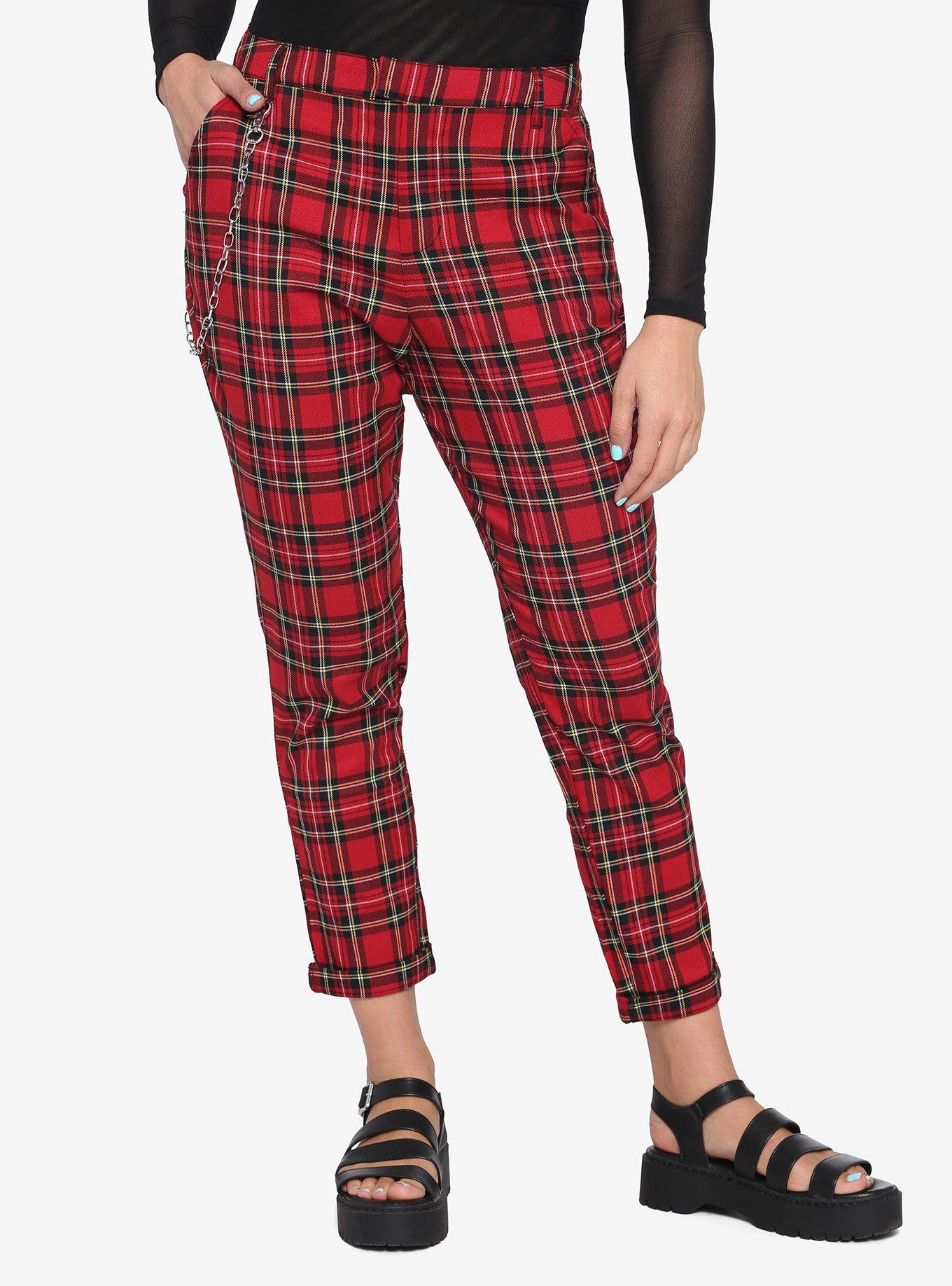 Red Plaid Pants With Detachable Chain, PLAID - RED, hi-res