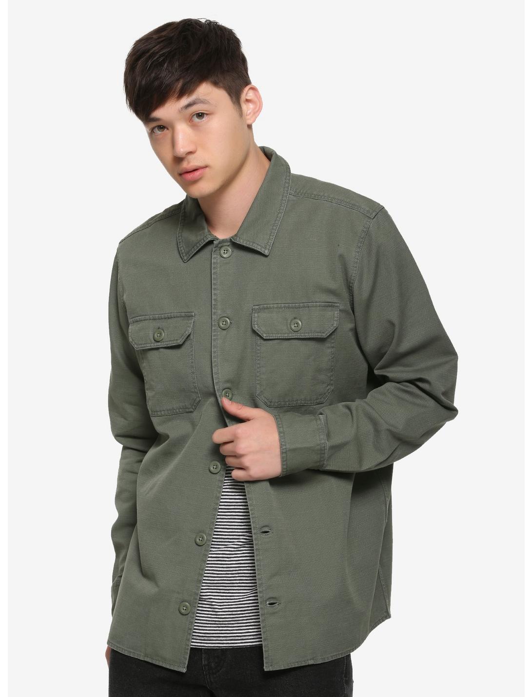 Olive Woven Button-Up, OLIVE, hi-res
