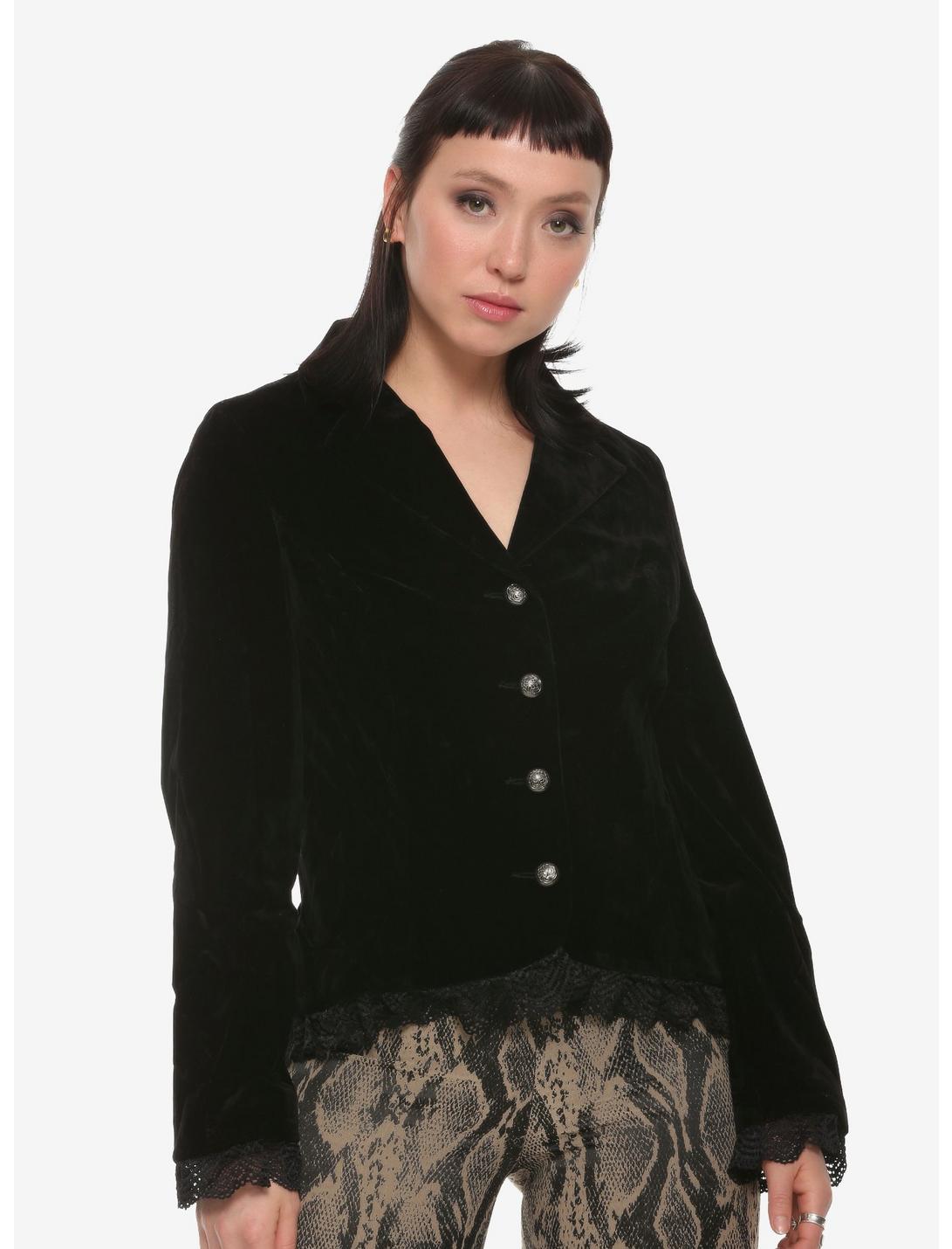 Black Velvet Laced Button-Up Girls Jacket, BLACK, hi-res