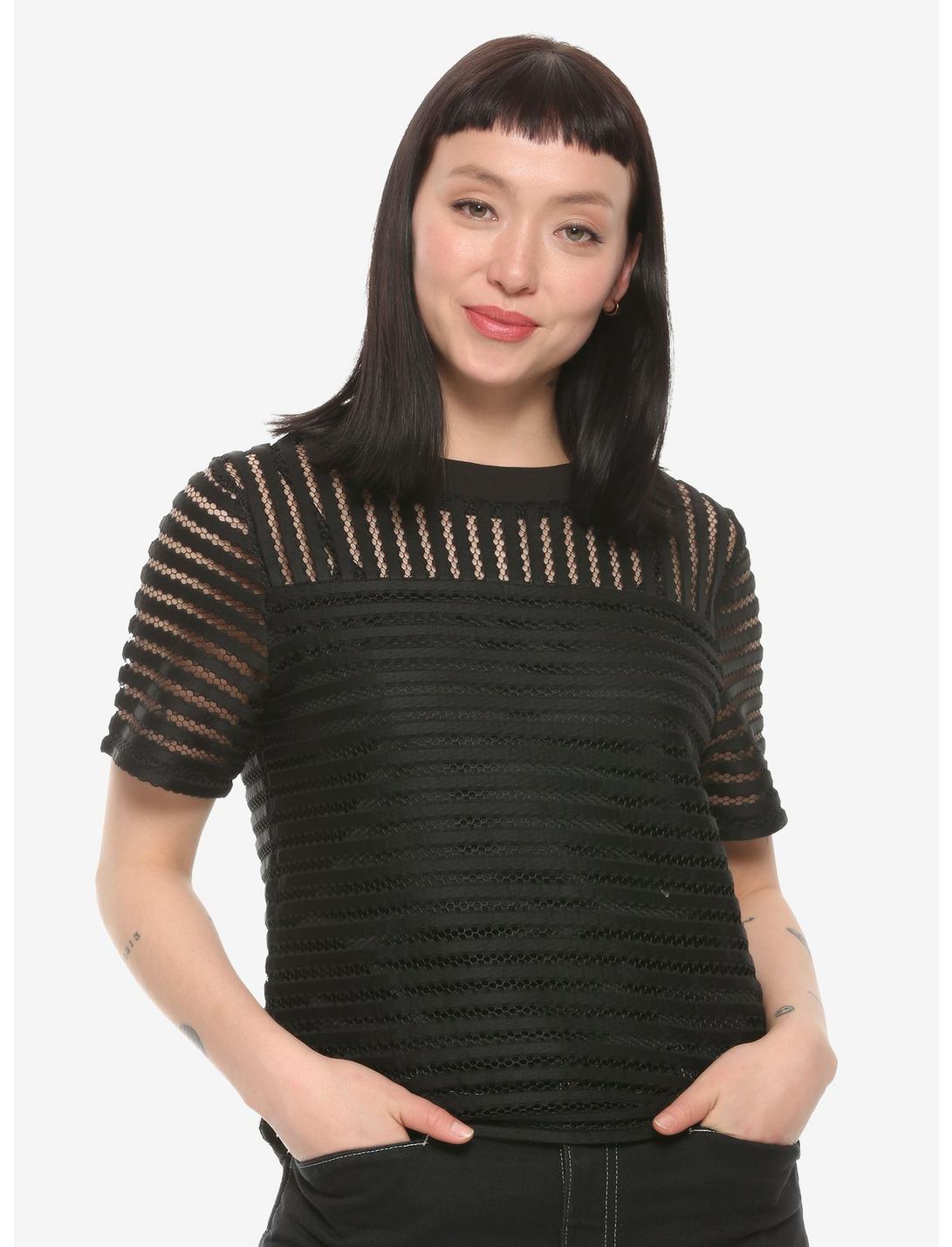 Black Striped Mesh Girls T-Shirt, BLACK, hi-res