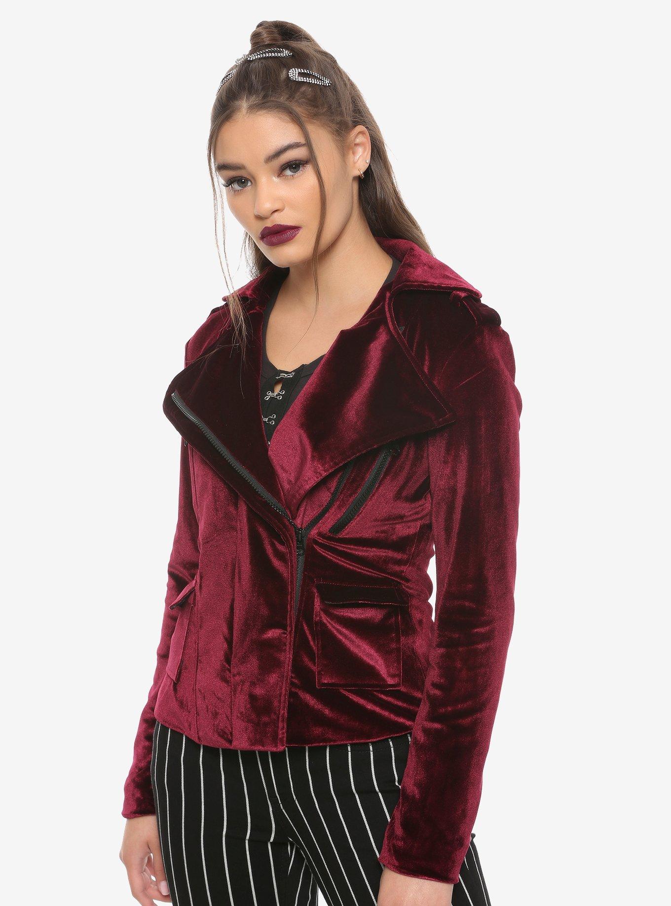 Burgundy Velvet Girls Moto Jacket, BURGUNDY, hi-res