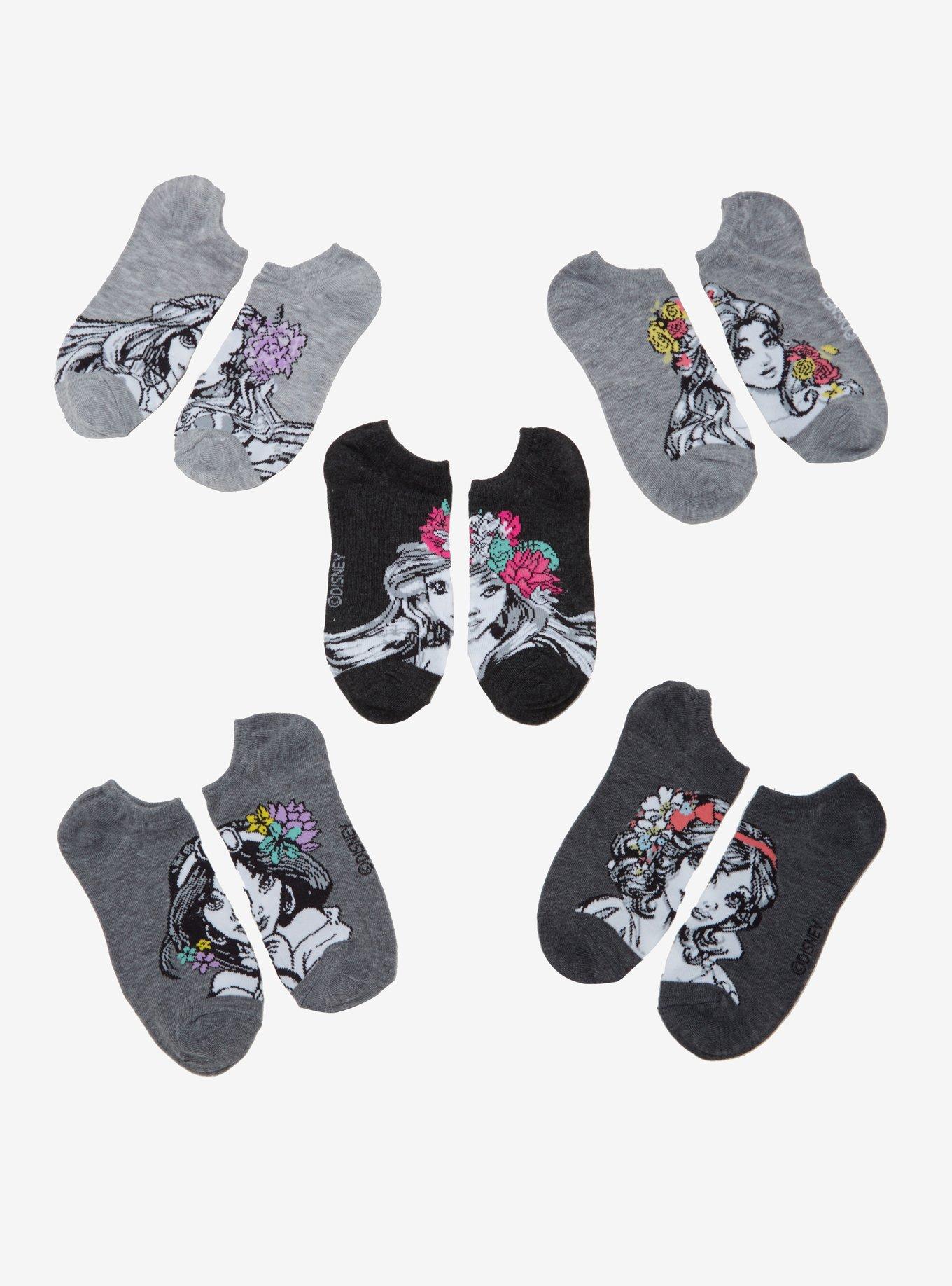 Disney Black & White Floral Princesses No-Show Socks 5 Pair, , hi-res