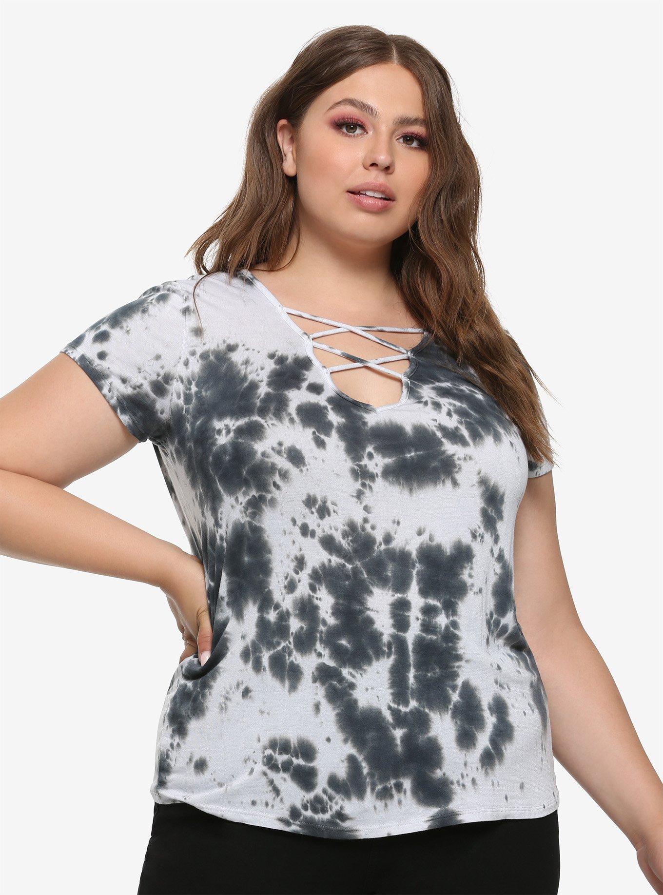 Black & White Tie-Dye Cross Front Girls T-Shirt Plus Size, BLACK TIE DYE, hi-res