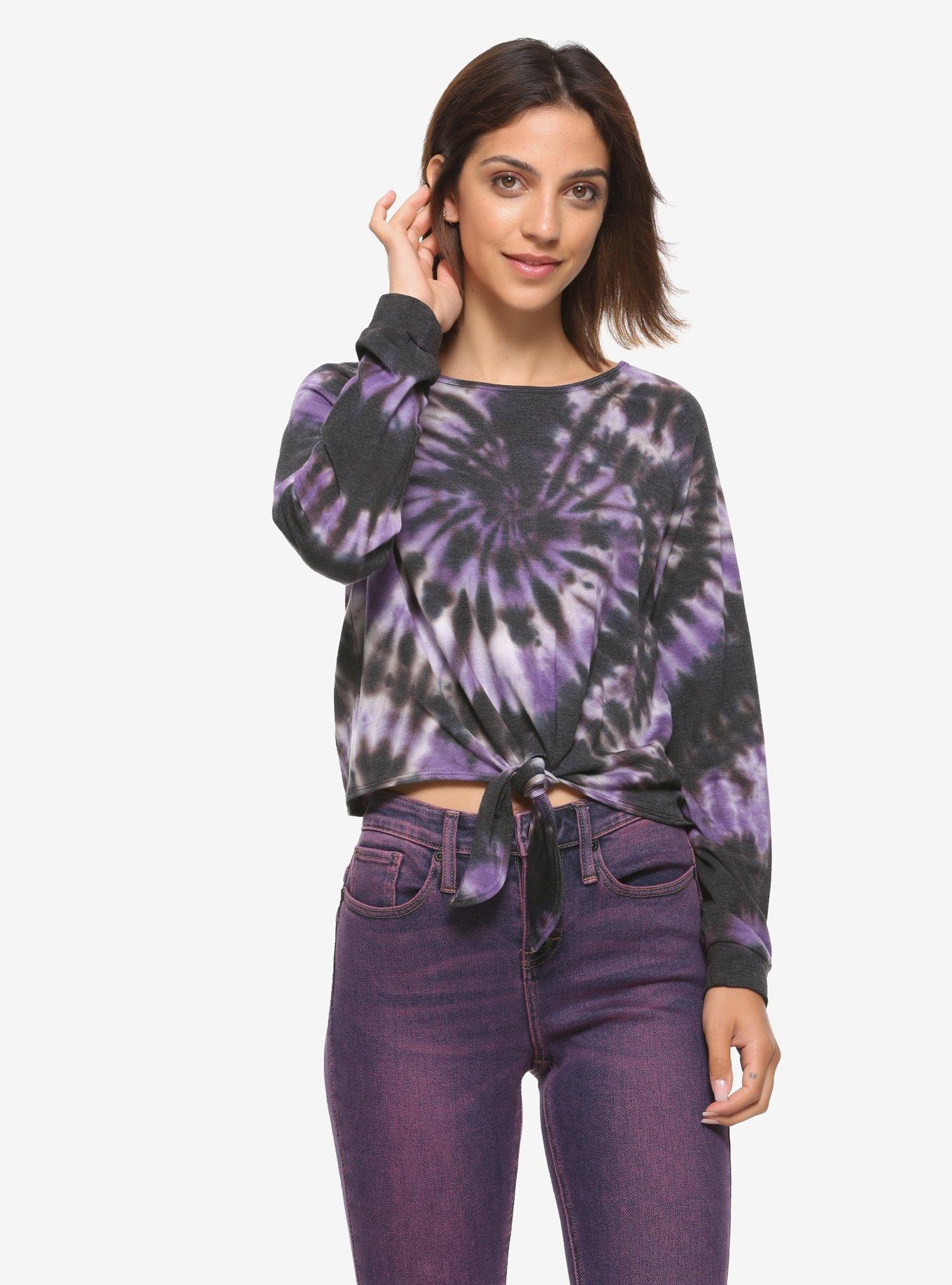 Purple & Black Tie-Dye Tie-Front Girls Long-Sleeve T-Shirt, BLACK TIE DYE, hi-res