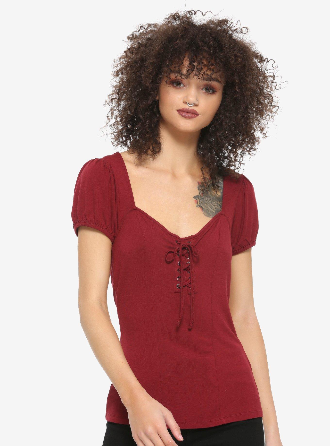 Burgundy Lace-Up Girls Top, BURGUNDY, hi-res