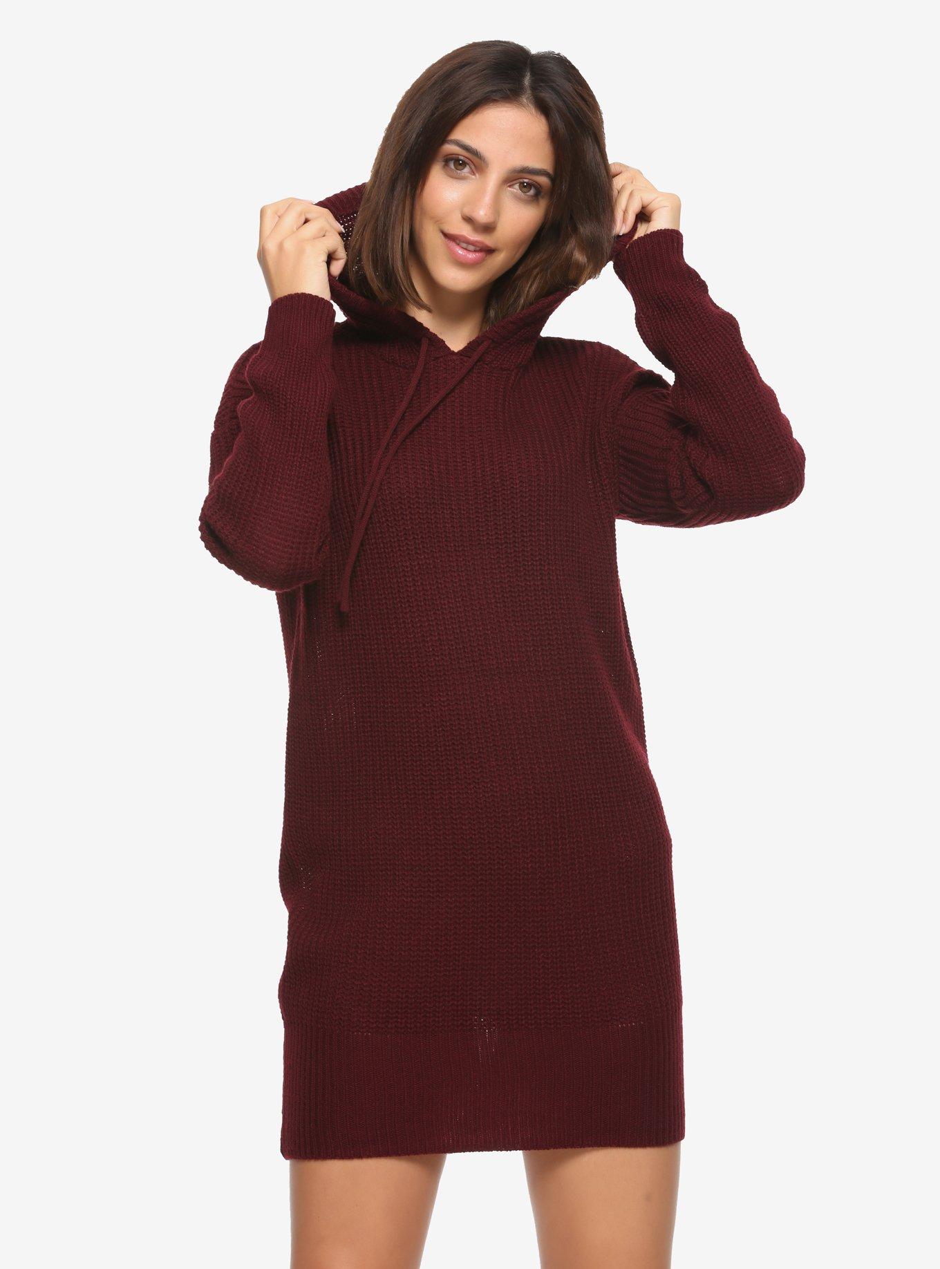 Merlot Hooded Sweater Dress, MERLOT, hi-res