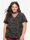 Star Print Cut-Out Choker Girls T-Shirt Plus Size, STARS-IVORY, hi-res