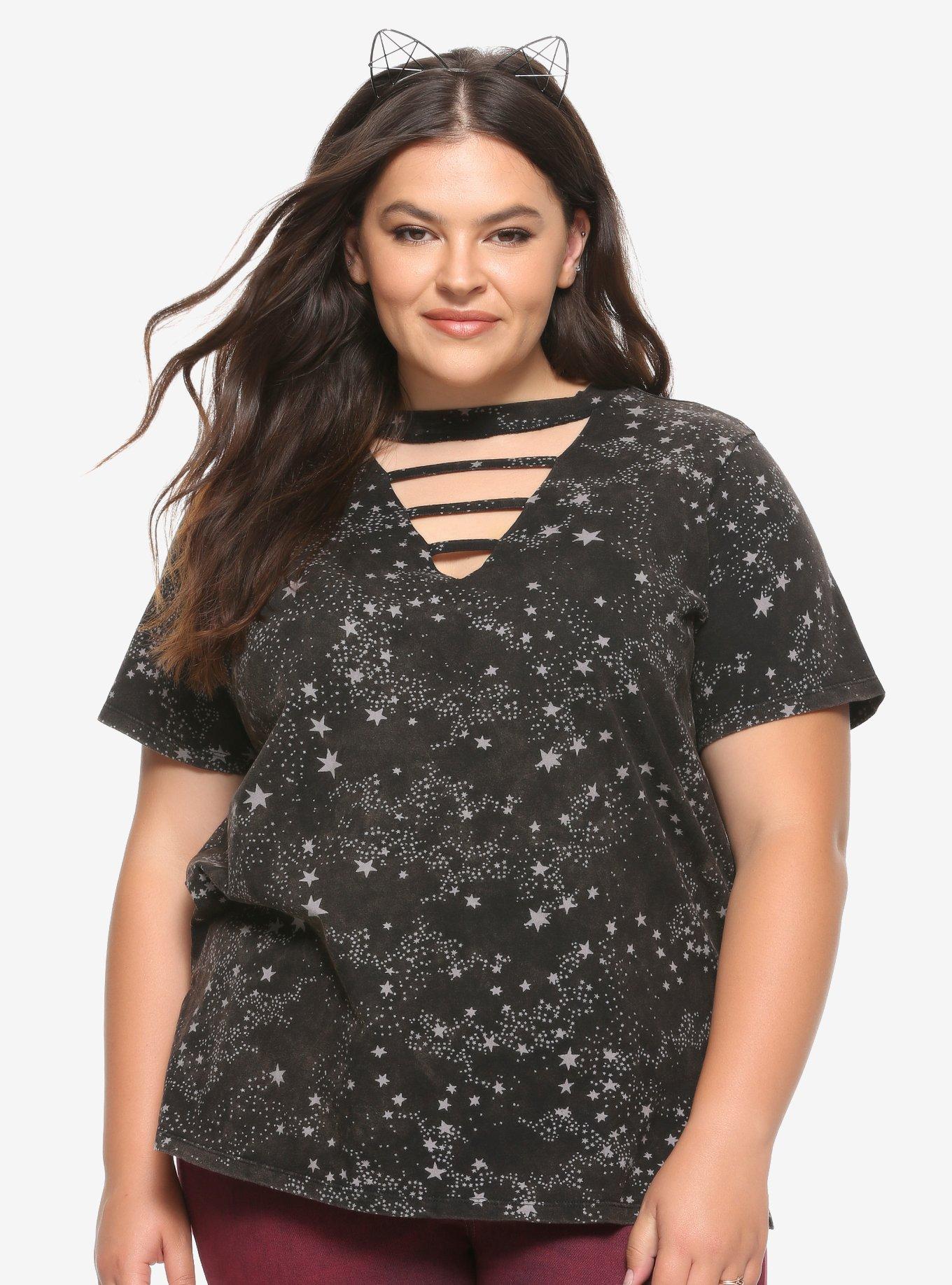 Star Print Cut-Out Choker Girls T-Shirt Plus Size, STARS-IVORY, hi-res
