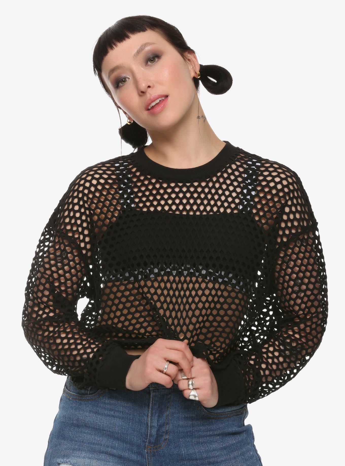 Black Fishnet Mesh Girls Crop Top, BLACK, hi-res