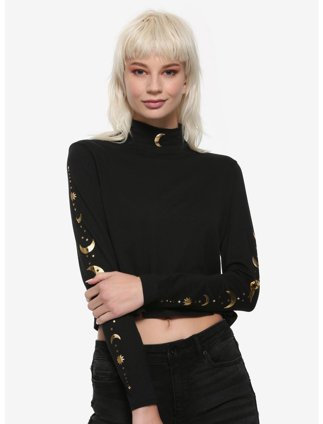 Black & Gold Moon Mock Neck Girls Long-Sleeve T-Shirt, BLACK, hi-res