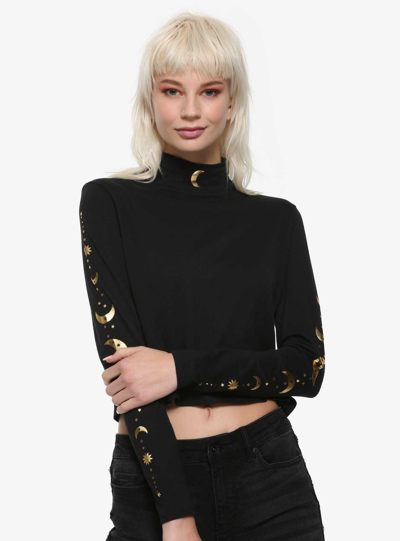 Black & Gold Moon Mock Neck Girls Long-Sleeve T-Shirt, , hi-res