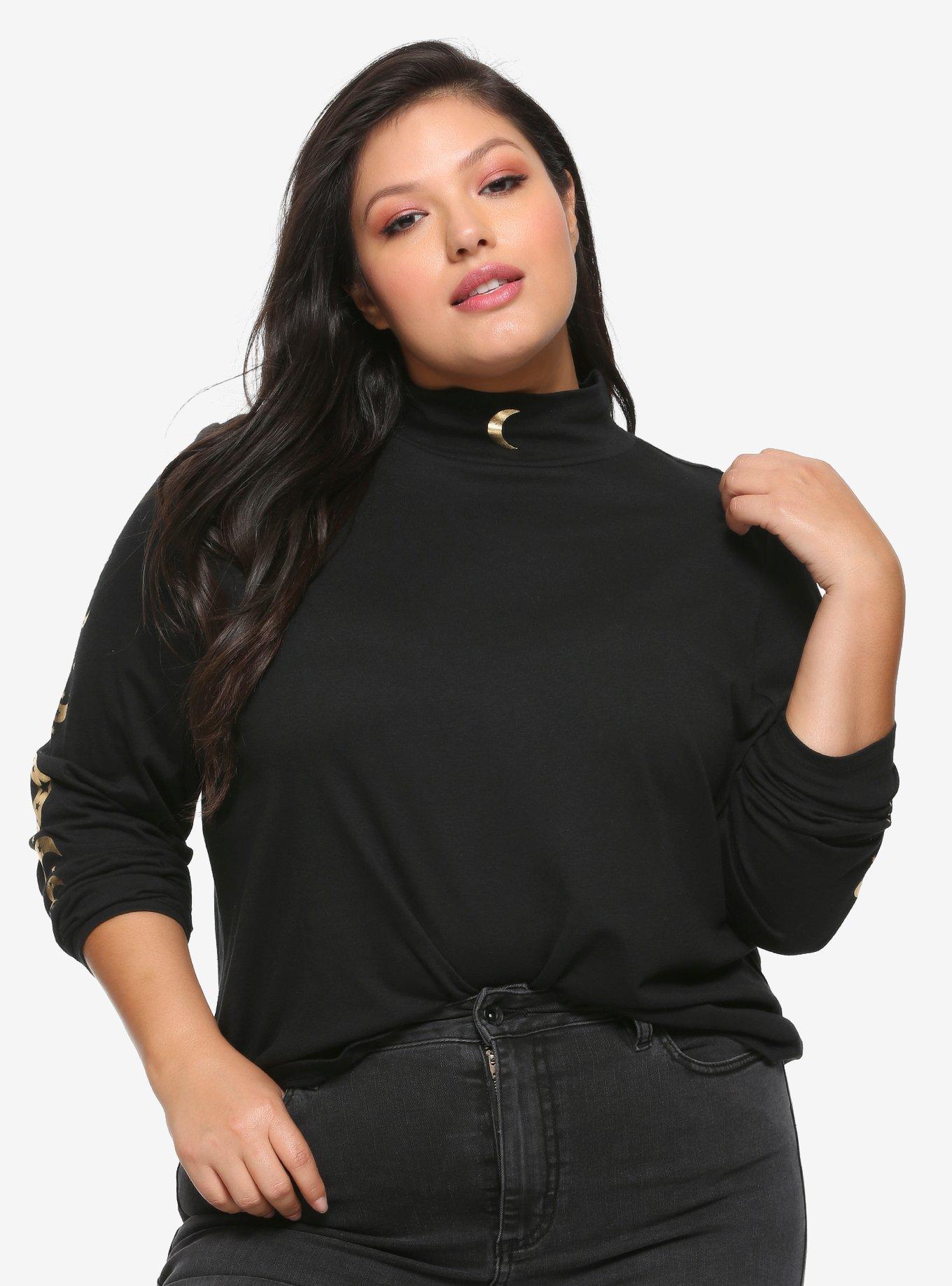 Black & Gold Moon Mock Neck Girls Long-Sleeve T-Shirt Plus Size, BLACK, hi-res