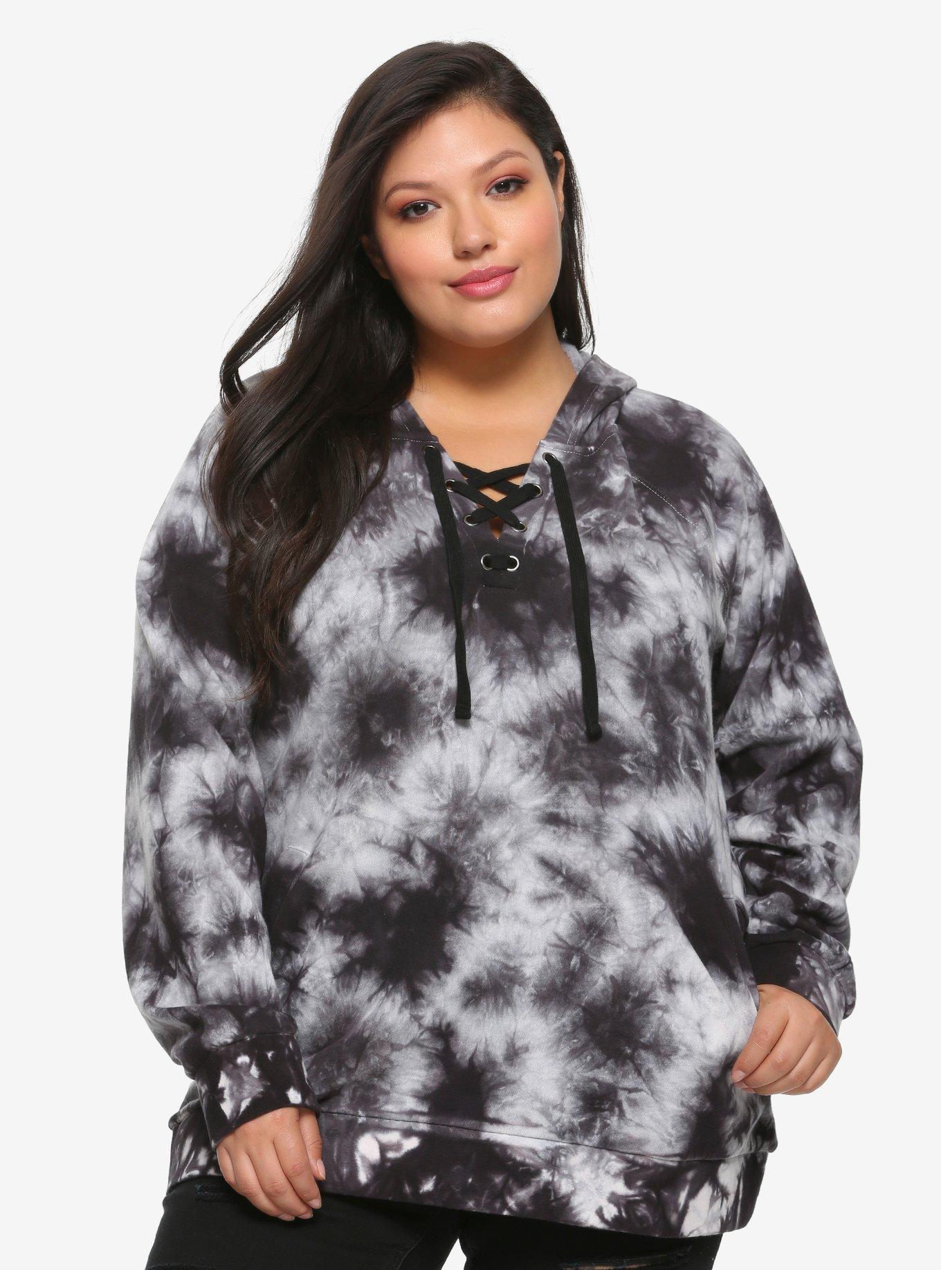 Black & White Tie-Dye Lace-Up Girls Hoodie, WHITE  BLACK, hi-res