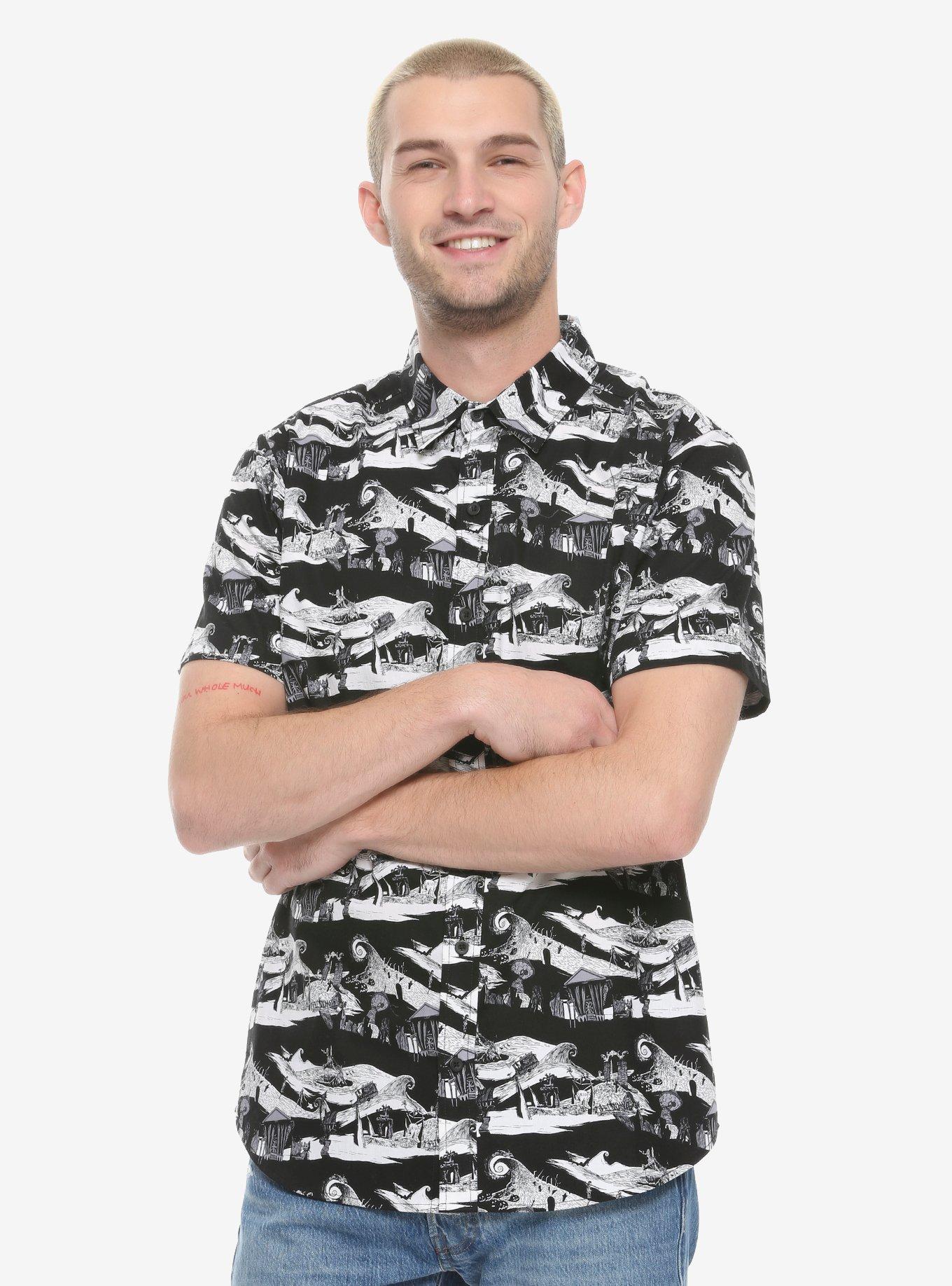 Disney The Nightmare Before Christmas Scenes Woven Button-Up - BoxLunch Exclusive, BLACK, hi-res