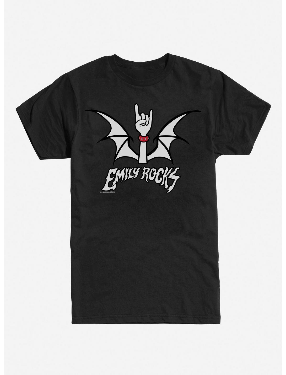 Emily The Strange Emily Rocks Bat Wings Black T-Shirt, BLACK, hi-res