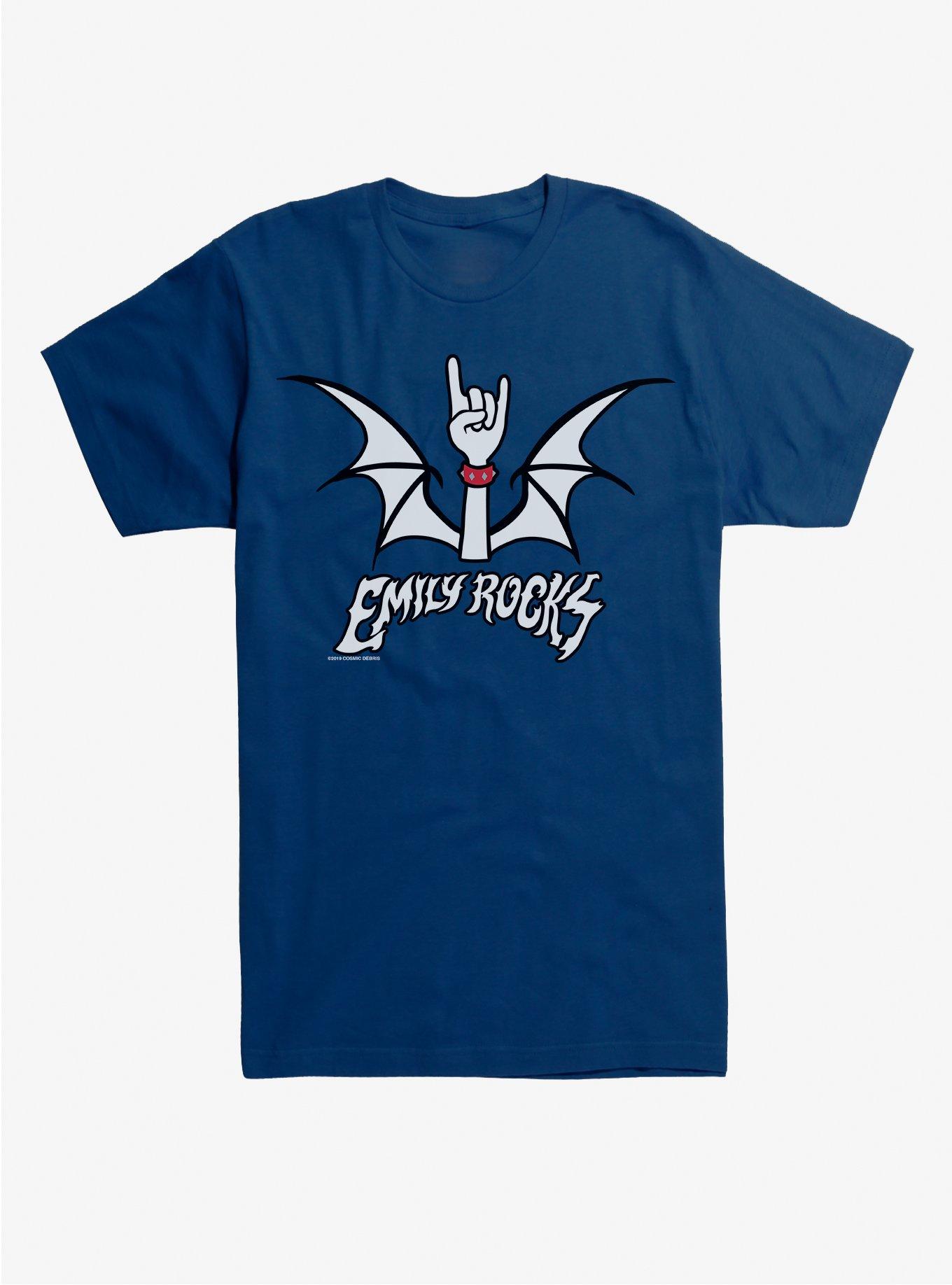 Emily The Strange Emily Rocks Bat Wings Black T-Shirt, NAVY, hi-res