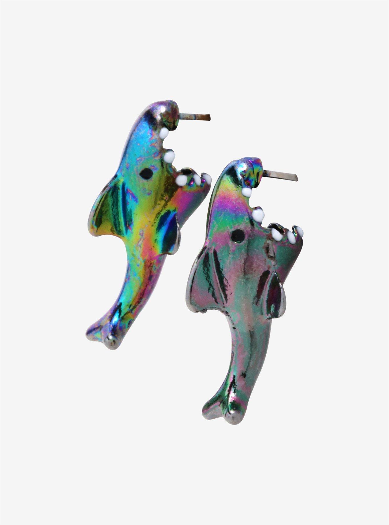 Biting Anodized Shark Earrings, , hi-res