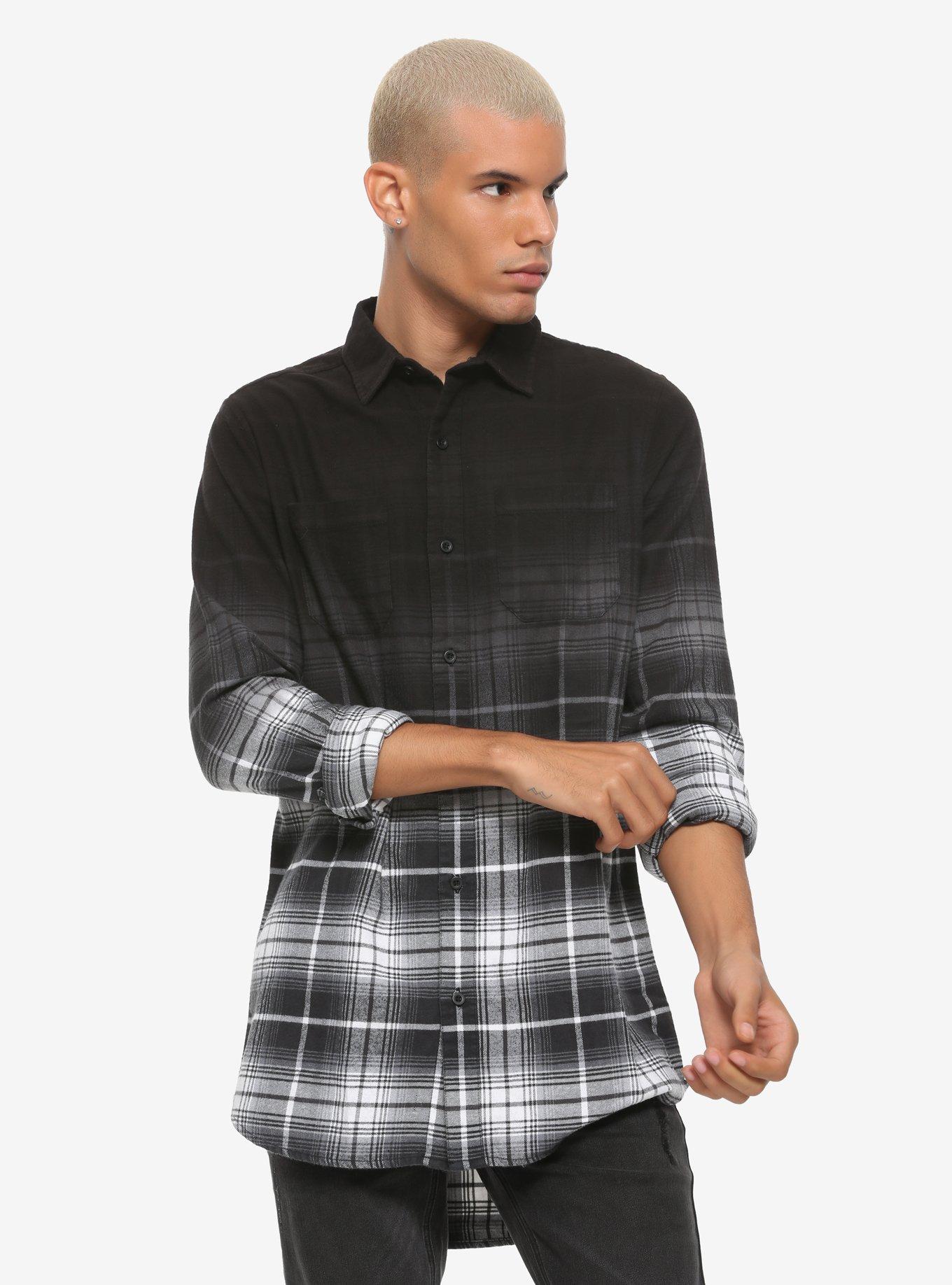 Black Ombre Grey Plaid Button-Up, GREY, hi-res